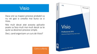 Daca vrei sa mapezi procese probabil ca
nu vei gasi o unealta mai buna ca si
Visio.
Mai mult decat atat aceasta aplicatie
poate sa faca mult mai mult decat sa te
ajute sa desenezi procese simple.
Deci, cand organizam un curs de Visio?
Cere o oferta
Visio
 