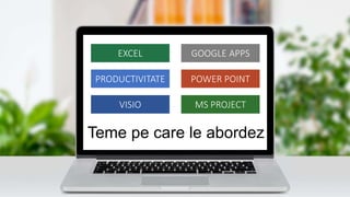 EXCEL
VISIO
POWER POINT
GOOGLE APPS
MS PROJECT
Teme pe care le abordez
PRODUCTIVITATE
 
