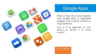 Poate ai facut de curand migrarea
catre Google Apps si majoritatea
colegilor inca isi prind urechile cu
noua platforma.
Cum ar fi sa organizezi un curs
pentru ei, pentru a le usura
munca?
Google Apps
Cere o oferta
 