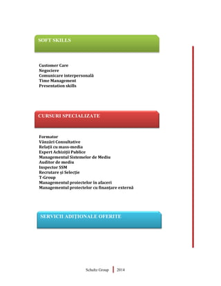 Customer Care
Negociere
Comunicare interpersonală
Time Management
Presentation skills
Formator
Vânzări Consultative
Relații cu mass-media
Expert Achiziții Publice
Managementul Sistemelor de Mediu
Auditor de mediu
Inspector SSM
Recrutare și Selecție
T-Group
Managementul proiectelor în afaceri
Managementul proiectelor cu finanțare externă
SOFT SKILLS
CURSURI SPECIALIZATE
SERVICII ADIŢIONALE OFERITE
Schultz Group 2014
 