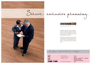 Select: exclusive planning.

                                       Die Kollektion SELECT bietet Ihnen eine umfangreiche
                                       Auswahl von Holzdekoren im attraktiven XL Planken-
                                       format. Ob helle, edle Holzopitken oder moderne,
                                       dunkle Strukturen in Ihre Planung passen – SELECT
                                       macht jedes Objekt zum Hingucker!


                                       The collection SELECT offers a wide variety of wooden
                                       decors in the attractive XL plank size and gives you the
                                       perfect choice for your individual planning success!
                                       SELECT – the best eye catcher for every commercial
                                       project!




                         Ihre Auswahl für den Einsatz im Objekt!
                                 Your selection for commercial application!
                                       •   Stärke / Thickness:                         2,5 mm
                                       •   Nutzschicht / Wear layer:                   0,55 mm
                                       •   Oberfläche / Surface:                       Fine Touch     Natural Touch    Real Touch
                                                                                       PU vergütet / PU coated
                                                                                       Gefaste Kante / Bevelled edge
Cherry Select                          •   Nutzungsklasse / Utilization class:         34/42
 