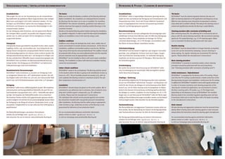 Verlegeanleitung / Installation recommendation                                                                                                          Reinigung & Pflege / Cleaning & maintenance

Grundsätzliches                                                          The basics                                                                     Grundsätzliches                                                          The basics
Überzeugen Sie sich vor der Verarbeitung von der einwandfreien           Make sure to verify the flawless condition of the flooring delivered           DESIGNline® sollte in regelmäßigen Abständen gereinigt werden,           DESIGNline® must be cleaned regularly whereas the way and
Beschaffenheit der gelieferten Ware! Zugeschnittene oder verlegte        before installation. No complaints can subsequently be accepted                wobei sich Art und Aufwand der Reinigung nach Einsatzbereich und         effort of cleaning depends on the application and frequency of use.
Ware kann nachträglich nicht mehr reklamiert werden. Für das             for flooring that has been cut to size or installed. For installing            Frequentierung richten. Durch den Einsatz effektiver Sauberlauf-         Effective sole-cleaning zones should be incorporated in entrance
Verlegen von DESIGNline® gelten die einschlägigen Normen,                DESIGNline® the relevant standards, guidelines and references                  zonen in Eingangsbereichen wird der Schmutzeintrag erheblich             areas where dirt is carried in directly. This reduces the cleaning costs in-
Richtlinien und Verweise von elastischen Bodenbelägen in den             shall be observed that apply for installing resilient floorings in the         reduziert und Reinigungskosten gesenkt!                                  volved and significantly extends the flooring’s useful lifetime.
entsprechenden Ländern.                                                  countries involved.
Vor der Verlegung sollte feststehen, wie das gewünschte Muster           Decide on the desired flooring pattern before starting the installation,       Bauschlussreinigung                                                      Cleaning procedure after conclusion of building work
der verlegten Ware aussieht, ob parallel oder diagonal verlegt           e.g. parallel or diagonal. In order to reach the best result of installation   Nach dem Entfernen von lose aufliegenden Verunreinigungen wird           After removing loose dirt, the adhering dirt is removed by wet-wi-
werden soll. Es sollte auf jeden Fall ein Verlegekreuz im Raum           tighten an installation cross in the room by using a cord.                     anhaftender Schmutz durch Wischen oder mit Hilfe einer Reinigungs-       ping or with the aid of cleaning machines. We recommend cleaning
ausgerichtet werden.                                                                                                                                    maschine entfernt. Hierzu empfehlen wir Reiniger für PUR be-             agents for PU coated floorings, e.g. CC-PU cleaning agent. Make
                                                                         Subfloor conditions                                                            schichtete Bodenbeläge, z.B. CC-PU-Reiniger. Anschließend sollte         sure to neutralize the flooring afterwards with clear water.
Untergrund                                                               Subfloors must always be lastingly dry, level, clean, stable, free of          die Fläche mit klarem Wasser neutralisiert werden.
Untergründe müssen grundsätzlich dauerhaft trocken, eben, sauber,        cracks and resistant to tensile stresses and pressure. At the time of                                                                                   Routine cleaning
tragfähig, rissfrei, zug- und druckfest sein. Zum Zeitpunkt der Ver-     installation, subfloors and levelled surfaces must be dry. Old floo-           Unterhaltsreinigung                                                      DESIGNline® must be cleaned daily or in longer intervals, as required.
legung müssen Untergründe und gespachtelte Flächen trocken sein.         rings of any kind must be removed beforehand! The subfloor should              DESIGNline® wird bei Bedarf in täglichen oder längeren Intervallen       Loose dirt can be removed by sweeping, vacuum-cleaning or
Alte Bodenbeläge jeglicher Art müssen vorher entfernt werden! Die        be prepared with all due care and professionalism and the requisite            gereinigt. Lose aufliegender Schmutz kann durch Fegen, Saugen            damp-wiping. For regular cleaning we recommend PU cleaning
Untergrundvorbereitung sollte sach- und fachgerecht erfolgen und         process materials must be appropriately suitable.                              oder Feuchtwischen beseitigt werden. Zur laufenden Reinigung             agents. Please follow the manufacturer’s instructions!
die dazu erforderlichen Hilfsstoffe müssen entsprechend geeignet sein.   DESIGNline® can be installed on floors with warm-water underfloor              empfehlen wir die Nutzung eines PU-Reinigers. Bitte beachten Sie
DESIGNline® kann auf Böden mit Warmwasserfußbodenheizung                 heating. The installation on floors with electrical underfloor heating         die Herstellerangaben!                                                   Basic cleaning procedure
verlegt werden. Die Verlegung von DESIGNline® auf elektrischen           cannot be recommended.                                                                                                                                  If DESIGNline® is severely to extremely soiled, a basic cleaning
Fußbodenheizungen wird nicht empfohlen!                                                                                                                 Grundreinigung                                                           procedure should be performed with the aid of machinery
                                                                         Indoor climate conditions                                                      Bei starker bis extremer Verschmutzung von DESIGNline® sollte            (see “Cleaning procedure after conclusion of building work”).
Raumklimatische Voraussetzungen                                          DESIGNline® needs to be acclimatized: The flooring shall be stored             eine Grundreinigung mit maschineller Hilfe durchgeführt werden.
DESIGNline® sollte mindestens 24 Stunden vor Verlegung in den            in the location where the floor is going to be installed for at least 24       (siehe Bauschlussreinigung)                                              Initial maintenance / Refurbishment
zu verlegenden Räumen bei ≥ 18°C akklimatisiert werden. Die Luft-        hours at ≥ 18°C. The air humidity should not exceed 75%, with cal-                                                                                      DESIGNline® is equipped by the factory with a PU coating. Please
feuchtigkeit sollte nicht höher als 75% sein, bei Calziumsulfat Fließ-   cium sulphate free-flowing screed at a maximum of 65%! The sub-                Einpflege / Sanierung                                                    note that this PU coating is performed for a better protection of the
estrich max. 65%! Die Bodentemperatur sollte mind. 15°C betragen!        floor temperature should exceed 15°C.                                          Die werkseitig aufgebrachte PU Versiegelung dient dem optimalen          flooring during transport and installation. Furthermore the PU coating
                                                                                                                                                        Schutz von DESIGNline® während der Transport- und Bauphase und           is sufficient for DESIGNline® installed in rooms with regular private use.
Verlegung                                                                Installation                                                                   reicht für den Einsatz des Belages im normal beanspruchten Wohn-         In order to increase resistance and cleaning properties of the
DESIGNline® sollte immer vollflächig geklebt werden. Wir empfehlen       DESIGNline® should always be glued on the entire surface. We re-               bereich aus. Um für höher beanspruchte Einsatzgebiete im Objekt-          flooring for commercial application, we recommend to protect
emissionsarme und lösungsmittelfreie Klebstoffe, die auch frei von       commend to use adhesives low in emission, free of solvents inclu-              bereich eine bessere Schutzwirkung und Reinigungsfreundlichkeit          the floor covering with a PU sealer, e.g. CC-PU-Siegel matt.
hochsiedenden Lösungsmitteln sind, z.B EC1 - Klebstoffe oder gleich-     ding semi volatile organic compounds, e.g. EC1 adhesives                       des Belages zu erzielen, empfehlen wir eine Einpflege mit z.B. CC-PU-    Depending on the frequency of use of DESIGNline® the installed
wertige. Die Vorgaben der Klebstoffhersteller sind zu beachten!          or similar. Please note the manufacturer’s instructions!                       Siegel matt. Je nach Nutzung von DESIGNline® sollte die Fläche regel-    flooring needs to be controlled regularly regarding wear and tear.
Die einzelnen Planken dürfen nicht gegeneinander gepresst werden         The individual tiles should not be pressed against one another                 mäßig auf Verschleißerscheinungen kontrolliert werden und bei Bedarf     If necessary make sure to seal the floor with a PU sealer according
sondern lediglich mit leichtem Druck aneinandergelegt werden! Nach       but should be installed with only gentle pressure! Immediately                 nachversiegelt werden. Bitte beachten Sie die Herstellerangaben.         to the manufacturer’s instructions.
der Verlegung ist der Belag mit schwerer Gliederwalze (mind. 50 kg)      after installation, the flooring shall be rolled using an appropriate
anzuwalzen. Farbgleichheit ist nur bei Lieferung einer Anfertigung zu    roller (at least 50 kg). Uniformity of colour of the flooring is only          Fleckenentfernung                                                        Stain removal
gewährleisten!                                                           guaranteed for deliveries of one production batch.                             Alle fleckenbildenden und aggressiven Substanzen müssen sofort ent-      All stain-forming and aggressive substances must be removed imme-
                                                                                                                                                        fernt werden. Bei der Behandlung von Flecken mit Reinigungsmitteln       diately. When treating stains with cleaning agents or stain removals
                                  v




Die Klebstoffempfehlungen und weitere Informationen                      For our recommended adhesives and further information                          oder Fleckenentfernern beachten Sie bitte die Herstellerangaben!         always follow the instructions issued by cleaning agent manufacturer.
                                                    v




erhalten Sie auf Anfrage unter: +49 (0) 5231 - 60 22 5 - 0               please contact us under: +49 (0) 5231 - 60 22 5 – 0
oder besuchen Sie uns im Internet: www.windmoeller-flooring.de           or visit our homepage www.windmoeller-flooring.de!                             Die Reinigungsmittelempfehlung und weitere Informationen                 For recommended cleaning agents and further information
                                                                                                                                                        erhalten Sie auf Anfrage unter: +49 (0) 5231 - 60 22 5 - 0               please contact us under: +49 (0) 5231 - 60 22 5 – 0
                                                                                                                                                        oder besuchen Sie uns im Internet: www.windmoeller-flooring.de           or visit our homepage www.windmoeller-flooring.de!




                     Alba Oak Siena                                                                                                                                                                              Antique Cedar
 