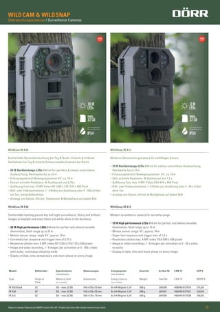WILDCAM & WILDSNAP
Überwachungskameras / Surveillance Cameras
Subject to change | Retail prices (MSRP) include 19% VAT | Printed colors may differ slightly from the actual colors 03
WildSnap IR X12
Moderne Überwachungskamera für vielfältigen Einsatz.
• 12 IR Hochleistungs-LEDs 840 nm für nahezu unsichtbare Ausleuchtung,
Reichweite bis zu15m
• Erfassungsbereich Bewegungssensor: 45˚, ca.18 m
• Sehr schnelle Reaktions- & Auslösezeit von 1,5 s
• Auflösung Foto max. 6 MP, Video VGA 640 x 480 Pixel
• Bild- oder Videoaufnahmen,1- 6 Bilder pro Auslösung oder 5 - 30 s Video
ohne Ton
• Anzeige von Datum, Uhrzeit & Mondphase auf jedem Bild
WildSnap IR X12
Modern surveillance camera for versatile usage.
• 12 IR High performance LEDs 840 nm for perfect and almost invisible
illumination, flash range up to 15 m
• Motion sensor range: 45˚, approx.18 m
• Super-fast response and trigger time of 1,5 s
• Resolution photos max. 6 MP, video VGA 640 x 480 pixels
• Image or video recordings, 1- 6 images per activation or 5 - 30 s video,
no audio
• Display of date, time and moon phase on every image
WildCam IR X30
Comfortable hunting ground day and night surveillance. Sharp and brilliant
images at daylight and sharp black and white shots in the darkness.
• 30 IR High performance LEDs 840 nm for perfect and almost invisible
illumination, flash range up to 24 m
• Motion sensor range: angle 45˚, approx. 18 m
• Extremely fast response and trigger time of 0,75 s
• Resolution photos max. 8 MP, video HD 1280 x 720/720 x 480 pixels
• Image and video recording, 1- 9 images per activation or 5 - 180 s video
with audio, continuous shooting mode
• Display of date, time, temperature and moon phase on every image
WildCam IR X30
Komfortable Revierüberwachung bei Tag & Nacht. Scharfe & brillante
Aufnahmen bei Tag & scharfe Schwarzweißaufnahmen bei Nacht.
• 30 IR Hochleistungs-LEDs 840 nm für perfekte & nahezu unsichtbare
Ausleuchtung, Reichweite bis zu 24 m
• Erfassungsbereich Bewegungssensor 45˚, ca.18 m
• Extrem schnelle Reaktions- & Auslösezeit von 0,75 s
• Auflösung Foto max. 8 MP, Video HD 1280 x 720/720 x 480 Pixel
• Bild- oder Videoaufnahmen, 1- 9 Bilder pro Auslösung oder 5 -180 s Video
mit Ton, Serienbildfunktion
• Anzeige von Datum, Uhrzeit, Temperatur & Mondphase auf jedem Bild
Modell Bildwinkel Speicherkarte
(nicht enthalten)
Abmessungen Energiequelle
(nicht enthalten)
Gewicht Artikel Nr EAN 13 UVP €
Type Angle of
View
Memory Card
(not included)
Dimensions Energy Source
(not included)
Weight Item No EAN 13 MSRP €
IR X42 Black 52˚ SD – max 32 GB 140 x 105 x70 mm 8x AA Mignon 1,5V 368 g 204396 4000461077814 275,00
IR X30 52˚ SD – max 32 GB 140 x 105 x70 mm 8x AA Mignon 1,5V 368 g 204397 4000461077821 229,00
IR X12 52˚ SD – max 32 GB 160 x 115 x 70 mm 8x AA Mignon 1,5V 340 g 204398 4000461077838 159,00
max.
32 GB
max.
32 GB
Spritzwasserschutz
Splash Water Proof
IP54
Spritzwasserschutz
Splash Water Proof
IP54
30 IR
LEDs
12IR
LEDs
 