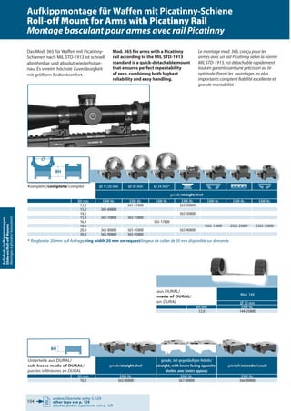 Aufschub-/Aufkippmontagen
Slide-on/Roll-oﬀMounts
Montagesàglissière/basculants
Das Mod. 365 für Waffen mit Picatinny-
Schienen nach MIL STD-1913 ist schnell
abnehmbar und absolut wiederholge-
nau. Es vereint höchste Zuverlässigkeit
mit größtem Bedienkomfort.
Mod. 365 for arms with a Picatinny
rail according to the MIL STD-1913
standard is a quick-detachable mount
that ensures perfect repeatability
of zero, combining both highest
reliability and easy handling.
Le montage mod. 365, conçu pour les
armes avec un rail Picatinny selon la norme
MIL STD-1913, est détachable rapidement
tout en garantissant une précision au tir
optimale. Parmi les avantages les plus
importants comptent ﬁabilité excellente et
grande maniabilité.
Komplett/complete/complet Ø 1“/26 mm Ø 30 mm Ø 34 mm*
gerade/straight/droit
BH mm EAW-Nr. EAW-Nr. EAW-Nr. EAW-Nr. EAW-Nr. EAW-Nr. EAW-Nr.
12,0 365-65800 365-20800
13,0 365-60800
14,5 365-30800
15,0 365-70800 365-75800
16,0 365-17800
18,0 1365-14800 2365-23800 3365-33800
20,0 365-80800 365-85800 365-40800
30,0 365-90800 365-95800
* Ringbreite 20 mm auf Anfrage/ring width 20 mm on request/largeur de collier de 20 mm disponible sur demande
Unterteile aus DURAL/
sub-bases made of DURAL/
parties inférieures en DURAL
gerade/straight/droit
gerade, mit gegenläufigen Hebeln/
straight, with levers facing opposite/
droites, avec leviers opposés
gekröpft/extended/coudé
BH mm EAW-Nr. EAW-Nr. EAW-Nr.
10,0 365/00800 367/00800 366/00800
aus DURAL/
made of DURAL/
en DURAL
Mod. 144
Ø 30 mm
BH mm EAW-Nr.
12,0 144-25800
BH
BH
Ø
andere Oberteile siehe S. 129
other tops see p. 129
d’autres parties supérieures voir p. 129
Aufkippmontage für Waffen mit Picatinny-Schiene
Roll-off Mount for Arms with Picatinny Rail
Montage basculant pour armes avec rail Picatinny
104
 
