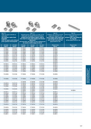 107
Aufschub-/Aufkippmontagen
Slide-on/Roll-oﬀMounts
Montagesàglissière/basculants
Mod. 176
kröpft, mit Support, Unterteile aus
austauschbar
nt foot, sub-bases made of steel,
changeable
coudé,avecsupport,partiesinférieures
partiessupérieuresinterchangeables
Mod. 177
Vorderfuß gerade, ohne Support, aus Stahl, nur für
Zielfernrohre mit doppelter Absehenverstellung!
straight front foot,without support, made of
steel, only for scopes with windage and elevation
adjustment!
pied avant droit, sans support, en acier, seulement pour
des lunettes à double réglage du réticule!
Mod. 96
Sockelpaar, vord. Sockel mit Arretie-
rungsnut für Stoppstift 5 mm
pair of sockets, front socket with
5 mm locking slot for stop bolt
paire de socles, socle avant avec
gorge d’arrêt de 5 mm
Mod. 94
Schienenstück mit Arretierungsnut für
Stoppstift 5 mm
rail piece with 5 mm locking slot
for stop bolt
rail avec gorge d’arrêt de 5 mm
22,5 mm 27,5 mm 13,5 mm 18,5 mm 20,5 mm Prisma 16 mm Prisma 16 mm
EAW-Nr. EAW-Nr. EAW-Nr. EAW-Nr. EAW-Nr. EAW-Nr. EAW-Nr.
176-80273 176-81273 177-00273 177-80273 177-81273 96-00273 -
176-80003 176-81003 177-00003 177-80003 177-81003 96-00003 -
176-80103 176-81103 177-00103 177-80103 177-81103 96-00103 -
176-80004 176-81004 177-00004 177-80004 177-81004 96-00004 -
176-80002 176-81002 177-00002 177-80002 177-81002 96-00002 -
176-80196 176-81196 177-00196 177-80196 177-81196 96-00196 -
176-80167 176-81167 177-00167 177-80167 177-81167 96-00167 -
176-80143 176-81143 177-00143 177-80143 177-81143 96-00143 -
176-80005 176-81005 177-00005 177-80005 177-81005 96-00005 -
176-80105 176-81105 177-00105 177-80105 177-81105 96-00105 -
- - - - - 96-00194 -
176-80215 176-81215 177-00215 177-80215 177-81215 96-00215 -
176-80259 176-81259 177-00259 177-80259 177-81259 96-00259 -
176-80250 176-81250 177-00250 177-80250 177-81250 96-00250 -
176-80089 176-81089 177-00089 177-80089 177-81089 96-00089 -
176-80225 176-81225 177-00225 177-80225 177-81225 96-00225 -
176-80060 176-81060 177-00060 177-80060 177-81060 96-00060 -
176-80206 176-81206 177-00206 177-80206 177-81206 96-00206 -
176-80306 176-81306 177-00306 177-80306 177-81306 96-00306 -
- - 177-00108 177-80108 177-81108 96-00108 -
176-80218 176-81218 177-00218 177-80218 177-81218 96-00218 -
176-80149 176-81149 177-00149 177-80149 177-81149 96-00149 -
176-80006 176-81006 177-00006 177-80006 177-81006 96-00006 -
- - 177-00106 177-80106 177-81106 96-00106 -
176-80205 176-81205 177-00205 177-80205 177-81205 96-00205 -
- - 177-00036 177-80036 177-81036 - 94-00036
176-80111 176-81111 177-00111 177-80111 177-81111 96-00111 -
176-80169 176-81169 177-00169 177-80169 177-81169 96-00169 -
176-80007 176-81007 177-00007 177-80007 177-81007 96-00007 -
176-80008 176-81008 177-00008 177-80008 177-81008 96-00008 -
176-80010 176-81010 177-00010 177-80010 177-81010 96-00010 -
176-80110 176-81110 177-00110 177-80110 177-81110 96-00110 -
176-80098 176-81098 177-00098 177-80098 177-81098 96-00098 -
176-80145 176-81145 177-00145 177-80145 177-81145 96-00145 -
176-80156 176-81156 177-00156 177-80156 177-81156 96-00156 -
176-80256 176-81256 177-00256 177-80256 177-81256 96-00256 -
176-80204 176-81204 177-00204 177-80204 177-81204 96-00204 -
176-80124 176-81124 177-00124 177-80124 177-81124 96-00124 -
176-80184 176-81184 177-00184 177-80184 177-81184 96-00184 -
176-80011 176-81011 177-00011 177-80011 177-81011 96-00011 -
 