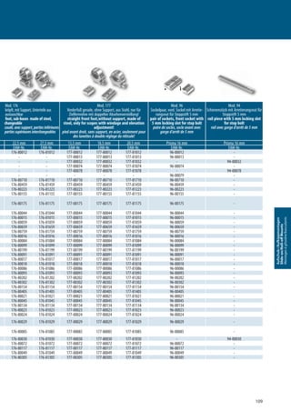 109
Aufschub-/Aufkippmontagen
Slide-on/Roll-oﬀMounts
Montagesàglissière/basculants
Mod. 176
kröpft, mit Support, Unterteile aus
austauschbar
nt foot, sub-bases made of steel,
changeable
coudé,avecsupport,partiesinférieures
partiessupérieuresinterchangeables
Mod. 177
Vorderfuß gerade, ohne Support, aus Stahl, nur für
Zielfernrohre mit doppelter Absehenverstellung!
straight front foot,without support, made of
steel, only for scopes with windage and elevation
adjustment!
pied avant droit, sans support, en acier, seulement pour
des lunettes à double réglage du réticule!
Mod. 96
Sockelpaar, vord. Sockel mit Arretie-
rungsnut für Stoppstift 5 mm
pair of sockets, front socket with
5 mm locking slot for stop bolt
paire de socles, socle avant avec
gorge d’arrêt de 5 mm
Mod. 94
Schienenstück mit Arretierungsnut für
Stoppstift 5 mm
rail piece with 5 mm locking slot
for stop bolt
rail avec gorge d’arrêt de 5 mm
22,5 mm 27,5 mm 13,5 mm 18,5 mm 20,5 mm Prisma 16 mm Prisma 16 mm
EAW-Nr. EAW-Nr. EAW-Nr. EAW-Nr. EAW-Nr. EAW-Nr. EAW-Nr.
176-80012 176-81012 177-00012 177-80012 177-81012 96-00012 -
- - 177-00013 177-80013 177-81013 96-00013 -
- - 177-00032 177-80032 177-81032 - 94-00032
- - 177-00074 177-80074 177-81074 96-00074 -
- - 177-00078 177-80078 177-81078 - 94-00078
- - - - - 96-00079 -
176-80710 176-81710 177-00710 177-80710 177-81710 96-00710 -
176-80459 176-81459 177-00459 177-80459 177-81459 96-00459 -
176-80223 176-81223 177-00223 177-80223 177-81223 96-00223 -
176-80155 176-81155 177-00155 177-80155 177-81155 96-00155 -
176-80175 176-81175 177-00175 177-80175 177-81175 96-00175 -
176-80044 176-81044 177-00044 177-80044 177-81044 96-00044 -
176-80015 176-81015 177-00015 177-80015 177-81015 96-00015 -
176-80059 176-81059 177-00059 177-80059 177-81059 96-00059 -
176-80659 176-81659 177-00659 177-80659 177-81659 96-00659 -
176-80759 176-81759 177-00759 177-80759 177-81759 96-00759 -
176-80016 176-81016 177-00016 177-80016 177-81016 96-00016 -
176-80084 176-81084 177-00084 177-80084 177-81084 96-00084 -
176-80099 176-81099 177-00099 177-80099 177-81099 96-00099 -
176-80199 176-81199 177-00199 177-80199 177-81199 96-00199 -
176-80091 176-81091 177-00091 177-80091 177-81091 96-00091 -
176-80017 176-81017 177-00017 177-80017 177-81017 96-00017 -
176-80018 176-81018 177-00018 177-80018 177-81018 96-00018 -
176-80086 176-81086 177-00086 177-80086 177-81086 96-00086 -
176-80093 176-81093 177-00093 177-80093 177-81093 96-00093 -
176-80202 176-81202 177-00202 177-80202 177-81202 96-00202 -
176-80302 176-81302 177-00302 177-80302 177-81302 96-00302 -
176-80154 176-81154 177-00154 177-80154 177-81154 96-00154 -
176-80405 176-81405 177-00405 177-80405 177-81405 96-00405
176-80021 176-81021 177-00021 177-80021 177-81021 96-00021 -
176-80045 176-81045 177-00045 177-80045 177-81045 96-00045 -
176-80134 176-81134 177-00134 177-80134 177-81134 96-00134 -
176-80023 176-81023 177-00023 177-80023 177-81023 96-00023 -
176-80024 176-81024 177-00024 177-80024 177-81024 96-00024 -
176-80029 176-81029 177-00029 177-80029 177-81029 96-00029 -
176-80085 176-81085 177-00085 177-80085 177-81085 96-00085 -
176-80030 176-81030 177-00030 177-80030 177-81030 - 94-00030
176-80072 176-81072 177-00072 177-80072 177-81072 96-00072 -
176-80117 176-81117 177-00117 177-80117 177-81117 96-00117 -
176-80049 176-81049 177-00049 177-80049 177-81049 96-00049 -
176-80305 176-81305 177-00305 177-80305 177-81305 96-00305 -
Mod. 176Mod. 176 Mod. 177Mod. 177
 