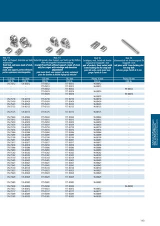 113
Aufschub-/Aufkippmontagen
Slide-on/Roll-oﬀMounts
Montagesàglissière/basculants
Mod. 176
kröpft, mit Support, Unterteile aus Stahl,
austauschbar
front foot, sub-bases made of steel,
changeable
coudé,avecsupport,partiesinférieures
partiessupérieuresinterchangeables
Mod. 177
Vorderfuß gerade, ohne Support, aus Stahl, nur für Zielfern-
rohre mit doppelter Absehenverstellung!
straight front foot,without support, made of steel,
only for scopes with windage and elevation
adjustment!
pied avant droit, sans support, en acier, seulement
pour des lunettes à double réglage du réticule!
Mod. 96
Sockelpaar, vord. Sockel mit Arretie-
rungsnut für Stoppstift 5 mm
pair of sockets, front socket with
5 mm locking slot for stop bolt
paire de socles, socle avant avec
gorge d’arrêt de 5 mm
Mod. 94
Schienenstück mit Arretierungsnut für
Stoppstift 5 mm
rail piece with 5 mm locking slot
for stop bolt
rail avec gorge d’arrêt de 5 mm
17,5 mm 22,5 mm 13,5 mm 18,5 mm Prisma 16 mm Prisma 16 mm
EAW-Nr. EAW-Nr. EAW-Nr. EAW-Nr. EAW-Nr. EAW-Nr.
176-75012 176-85012 177-05012 177-85012 96-00012 -
- - 177-05013 177-85013 96-00013 -
- - 177-05032 177-85032 - 94-00032
- - 177-05074 177-85074 96-00074 -
- - 177-05078 177-85078 - 94-00078
- - - - 96-00079 -
176-75710 176-85710 177-05710 177-85710 96-00710 -
176-75459 176-85459 177-05459 177-85459 96-00459 -
176-75223 176-85223 177-05223 177-85223 96-00223 -
176-75155 176-85155 177-05155 177-85155 96-00155 -
176-75175 176-85175 177-05175 177-85175 96-00175 -
176-75044 176-85044 177-05044 177-85044 96-00044 -
176-75015 176-85015 177-05015 177-85015 96-00015 -
176-75059 176-85059 177-05059 177-85059 96-00059 -
176-75659 176-85659 177-05659 177-85659 96-00659 -
176-75759 176-85759 177-05759 177-85759 96-00759 -
176-75016 176-85016 177-05016 177-85016 96-00016 -
176-75084 176-85084 177-05084 177-85084 96-00084 -
176-75099 176-85099 177-05099 177-85099 96-00099 -
176-75199 176-85199 177-05199 177-85199 96-00199 -
176-75091 176-85091 177-05091 177-85091 96-00091 -
176-75017 176-85017 177-05017 177-85017 96-00017 -
176-75018 176-85018 177-05018 177-85018 96-00018 -
176-75086 176-85086 177-05086 177-85086 96-00086 -
176-75093 176-85093 177-05093 177-85093 96-00093 -
176-75202 176-85202 177-05202 177-85202 96-00202 -
176-75302 176-85302 177-05302 177-85302 96-00302 -
176-75154 176-85154 177-05154 177-85154 96-00154 -
176-75405 176-85405 177-05405 177-85405 96-00405 -
176-75021 176-85021 177-05021 177-85021 96-00021 -
176-75045 176-85045 177-05045 177-85045 96-00045 -
176-75134 176-85134 177-05134 177-85134 96-00134 -
176-75023 176-85023 177-05023 177-85023 96-00023 -
176-75024 176-85024 177-05024 177-85024 96-00024 -
176-75029 176-85029 177-05029 177-85029 96-00029 -
176-75085 176-85085 177-05085 177-85085 96-00085 -
176-75030 176-85030 177-05030 177-85030 - 94-00030
176-75072 176-85072 177-05072 177-85072 96-00072 -
176-75117 176-85117 177-05117 177-85117 96-00117 -
176-75049 176-85049 177-05049 177-85049 96-00049 -
176-75305 176-85305 177-05305 177-85305 96-00305
Mod. 176Mod. 176
 