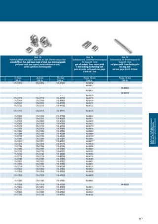 117
Aufschub-/Aufkippmontagen
Slide-on/Roll-oﬀMounts
Montagesàglissière/basculants
ar
eures
Mod. 176
Vorderfuß gekröpft, mit Support, Unterteile aus Stahl, Oberteile austauschbar
extended front foot, sub-bases made of steel, tops interchangeable
piedavantcoudé,avecsupport,partiesinférieuresenacier,
partiessupérieuresinterchangeables
Mod. 96
Sockelpaar,vord. Sockel mit Arretierungsnut
für Stoppstift 5 mm
pair of sockets, front socket with
5 mm locking slot for stop bolt
paire de socles, socle avant avec gorge
d’arrêt de 5 mm
Mod. 94
Schienenstück mit Arretierungsnut für
Stoppstift 5 mm
rail piece with 5 mm locking slot
for stop bolt
rail avec gorge d’arrêt de 5mm
17,0 mm 26,0 mm 31,0 mm Prisma 16 mm Prisma 16 mm
EAW-Nr. EAW-Nr. EAW-Nr. EAW-Nr. EAW-Nr.
176-17012 176-37012 176-47012 96-00012 -
- - - 96-00013 -
- - - - 94-00032
- - - 96-00074 -
- - - - 94-00078
- - - 96-00079 -
176-17710 176-37710 176-47710 96-00710 -
176-17459 176-37459 176-47459 96-00459 -
176-17223 176-37223 176-47223 96-00223 -
176-17155 176-37155 176-47155 96-00155 -
176-17175 176-37175 176-47175 96-00175 -
176-17044 176-37044 176-47044 96-00044 -
176-17015 176-37015 176-47015 96-00015 -
176-17059 176-37059 176-47059 96-00059 -
176-17659 176-37659 176-47659 96-00659 -
176-17759 176-37759 176-47759 96-00759 -
176-17016 176-37016 176-47016 96-00016 -
176-17084 176-37084 176-47084 96-00084 -
176-17099 176-37099 176-47099 96-00099 -
176-17199 176-37199 176-47199 96-00199 -
176-17091 176-37091 176-47091 96-00091 -
176-17017 176-37017 176-47017 96-00017 -
176-17018 176-37018 176-47018 96-00018 -
176-17086 176-37086 176-47086 96-00086 -
176-17093 176-37093 176-47093 96-00093 -
176-17202 176-37202 176-47202 96-00202 -
176-17302 176-37302 176-47302 96-00302 -
176-17154 176-37154 176-47154 96-00154 -
176-17405 176-37405 176-47405 96-00405 -
176-17021 176-37021 176-47021 96-00021 -
176-17045 176-37045 176-47045 96-00045 -
176-17134 176-37134 176-47134 96-00134 -
176-17023 176-37023 176-47023 96-00023 -
176-17030 176-37030 176-47030 96-00030 -
176-17029 176-37029 176-47029 96-00029 -
176-17085 176-37085 176-47085 96-00085 -
176-17030 176-37030 176-47030 - 94-00030
176-17072 176-37072 176-47072 96-00072 -
176-17117 176-37117 176-47117 96-00117 -
176-17049 176-37049 176-47049 96-00049 -
176-17305 176-37305 176-47305 96-00305
Mod. 176Mod. 176
 