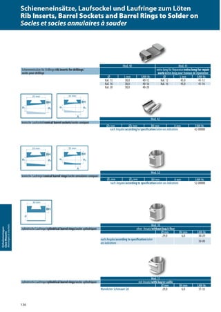 136
Einhakmontagen
ClawMounts
Montagesàcrochets
Mod. 52
konische Laufringe/conical barrel rings/socles annulaires coniques
Ø₁ mm Ø₂ mm BH mm A mm EAW-Nr.
nach Angabe/according to specification/selon vos indications 52-00000
Mod. 50
zylindrische Laufringe/cylindrical barrel rings/socles cylindriques ohne Ansatz/without lug/à fleur
Ø mm BH mm EAW-Nr.
29,0 6,0 50-29
nach Angabe/according to specification/selon
vos indications
50-00
Mod. 51
zylindrische Laufringe/cylindrical barrel rings/socles cylindriques mit Ansatz/with lug/en saillie
Ø mm BH mm EAW-Nr.
Mannlicher Schönauer GK 29,0 6,0 51-33
Mod. 40 Mod. 41
Schieneneinsätze für Drillinge/rib inserts for drillings/
socles pour drillings
extra lang für Reparatur/extra long for repair
work/extra-long pour travaux de réparation
Ø L mm EAW-Nr. Ø L mm EAW-Nr.
Kal. 12 38,0 40-12 Kal. 12 45,0 41-12
Kal. 16 38,0 40-16 Kal. 16 45,0 41-16
Kal. 20 38,0 40-20
Mod. 42
konische Laufsockel/conical barrel sockets/socles coniques
Ø mm Ø mm BH mm A mm EAW-Nr.
nach Angabe/according to specification/selon vos indications 42-00000
ø₂ø₁
BH
35 mm
ø₂ø₁
A
BH
35 mm
ø₂ø₁
35
L
BH
Ø
BH
30 mm
ø₂ø₁
A
BH
35 mm
ø₂ø₁
BH
35 mm
Schieneneinsätze, Laufsockel und Laufringe zum Löten
Rib Inserts, Barrel Sockets and Barrel Rings to Solder on
Socles et socles annulaires à souder
 