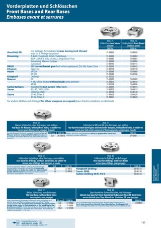Ersatzteile siehe S. 147
spare parts see p. 147
pièces de rechange voir p. 147
137
Einhakmontagen
ClawMounts
Montagesàcrochets
Mod. 30
Mauser-Schlösschen, ohne Bohrungen, zum Auflöten
rear base for Mauser, without bore holes, to solder-on
serrure pour Mauser, sans perçages, à souder
Mod. 31
Schlösschen für BBF und BDF, ohne Bohrungen, zum Auflöten
rear base for mixed barrel guns and over/under shotguns, without bore holes, to solder-on
serrurepourfusilsmixtessuperposésetfusilssuperposés,sansperçages,àsouder
für alle Mauser-Systeme, speziell für ältere/for all
Mauser actions (especially for older ones)/pour
les boîtiers de culasse Mauser (en particulier pour les
anciens)
BH mm EAW-Nr. Radius konisch vorgearbeitet/radius is preworked conically/
courbure conique préparée
EAW-Nr.
5,0 30-00010 31-0000
Mod. 32
Schlösschen für Drillinge, ohne Bohrungen, zum Auflöten
rear base for drillings, without bore holes, to solder-on
serrure pour drillings, sans perçages, à souder
Mod. 33
Schlösschen für Drillinge, mit Bohrungen
rear base for drillings, with bore holes
serrure pour drillings, avec perçages
konisch gefräste Radien zwecks Arbeitserleich-
terung beim Anpassen an die Läufe/conically
milled radius in order to make the adjustment
to the barrel easier/courbures coniques fraisées
facilitant l‘ajustage sur les canons
Kal. EAW-Nr. EAW-Nr.
12 32-0012 Krieghoff Drilling 33-00133
16 32-0016 Sauer 3000 33-00130
Suhler Drilling 90 K, 95 K 33-00116
Mod. 37
flaches Schösschen, ohne Bohrungen
flat rear base, without bore holes
serrure plate, sans perçages
Mod. 34
Steyr Mannlicher Seitenschlösschen, mit Bohrungen
lateral rear base for Steyr Mannlicher Schönauer GK,with bore holes
serrure latérale pour Steyr Mannlicher Schönauer GK, avec perçages
zum Einsetzen in Prismen-Schienen, zum Aufsetzen auf
solche bzw. auf flache Hülsen oder um selbst Profile
einzuarbeiten/for insertion into dovetail, for attachment
to the latter resp. to flat receivers or for working in the
profile yourself/à insérer dans la queue d’aronde, à poser sur
la queue d’aronde ou le boîtier de culasse plat. Possibilité de
réaliser des profils. L ≈ 25 mm
BH mm EAW-Nr.
für 3-Fuß-Montage auf alter Steyr Mannlicher Schönauer GK
for 3-foot mount on the old Steyr Mannlicher Schönauer GK
pour montage à 3 pieds sur l‘ancienne Steyr Mannlicher Schönauer GK
EAW-Nr.
6,0 37-0060 34-00034
8,0 37-0080
10,0 37-0100
Mod. 35
Schlösschen/rear bases/
serrures
Mod. 15
Vorderplatten/front bases/
embases avant
EAW-Nr. EAW-Nr.
Anschütz KK mit zolligen Schrauben/screws having inch thread/
avec vis à filetage au pouce 35-00026 15-00026
Browning A-bolt, Eurobolt, Utah, Takedown 35-00002 15-00002
BAR I, BAR II, CBL, Acera, Long/Short Trac 35-00003 15-00003
Browning Mauser Sniper 35-00004 15-00004
European 35-00143 15-00143
BRNO BBF/mixed barrel gun/fusil mixte superposé, ZH, 500, Super, Tatra 35-00042 15-00042
Chapuis Express 35-00150 15-00150
Heym SR 20 35-00060 15-00060
SR 30 35-00206 15-00206
Krieghoff Drilling 35-00133 -
Mauser 66 35-00009 15-00009
K 98, ohne Wulst/without bulb/sans œilleton 35-00010 15-00010
M 98 35-00098 15-00098
Santa Barbara Repetierer/bolt action rifle/répét. 35-00044 15-00044
Sauer 80, 90, SSG 2000 35-00015 15-00015
Drilling 3000 35-00130 15-00130
Voere 2140, Titan I 35-00020 15-00020
2145, Titan II 35-00045 15-00045
für andere Waffen auf Anfrage/for other weapons on request/pour d‘autres carabines sur demande
Vorderplatten und Schlösschen
Front Bases and Rear Bases
Embases avant et serrures
 