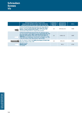 Ersatz-u.Spezialteile,Werkzeuge
SpecialParts,SpareParts,Tools
Piècesspéciales,piècesderechange,outils
148
Mindestbestellmenge ab Werk 10 Stück je Sorte
minimum order quantity ex factory 10 pcs. of each kind
quantité minimum pour livraison départ usine: 10 pcs. par sorte
Kopf-Ø mm
head Ø mm
Ø tête mm
Abmessung mm
dimensions mm
dimensions mm
EAW-Nr.
Schlösschenbefestigungsschrauben für Steyr Mannl.,
langer Senkkopf/set screw for rear base for Steyr
Mannl., long countersunk head/vis de fixation de
serrure pour Steyr Mannl., longue tête conique
5,0 M 4 x 0,5 x 7,0 B 086
Schlösschenbefestigungsschraube für Repetier-Büch-
sen mit amerik. Gewindebohrungen/set screw for rear
base for bolt action rifles with American type of
tapping/vis de fixation de serrure pour carabines à répé-
tition pourvues d’alésages américains z.B./e.g./p. ex. Sau-
er 80, FN, Voere 2165, Remington, Winchester
5,0 6-48 G x 7,0 B 087
dto. für Voere 2130/2140/ditto, for Voere 2130/2140/
dito, pour Voere 2130, 2140 5,0 M 4 x 7,0 B 088
Blindschraube
blind screw
vis cachée
M 3,5 B 154
dto. für Voere 2130/2140/dto. für Voere 2130/2140/
dito, pour Voere 2130, 2140dito, pour Voere 2130, 2140dito, pour Voere 2130, 2140dito, pour Voere 2130, 2140
BlindschraubeBlindschraubeBlindschraubeBlindschraube
blind screwblind screw
vis cachéevis cachée
Schrauben
Screws
Vis
 