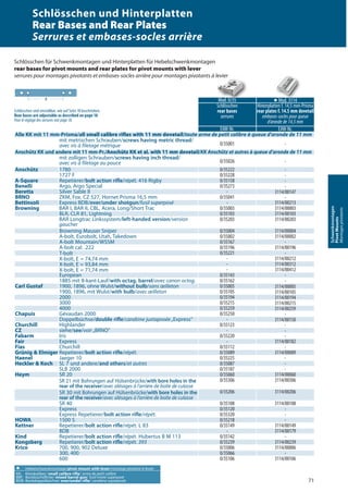 71
Schwenkmontagen
PivotMounts
Montagespivotants
Mod. 0/35 a Mod. 3114
Schlösschen
rear bases
serrures
Hinterplatten f. 14,5 mm-Prisma
rear plates f. 14.5 mm dovetail
embases-socles pour queue
d‘aronde de 14,5 mm
EAW-Nr. EAW-Nr.
Alle KK mit 11 mm-Prisma/all small calibre rifles with 11 mm dovetail/toute arme de petit calibre à queue d’aronde de 11 mm
mit metrischen Schrauben/screws having metric thread/
avec vis à filetage métrique 0/35001 -
Anschütz KK und andere mit 11 mm-Pr./Anschütz KK et al. with 11 mm dovetail/KK Anschütz et autres à queue d’aronde de 11 mm
mit zolligen Schrauben/screws having inch thread/
avec vis à filetage au pouce 0/35026 -
Anschütz 1780 0/35222 -
1727 F 0/35228 -
A-Square Repetierer/bolt action rifle/répét. 416 Rigby 0/35158 -
Benelli Argo, Argo Special 0/35273 -
Beretta Silver Sable II - 3114/00147
BRNO ZKM, Fox, CZ 527, Hornet Prisma 16,5 mm 0/35041 -
Bettinsoli Express BDB/over/under shotgun/fusil superposé - 3114/00213
Browning BAR I, BAR II, CBL, Acera, Long/Short Trac 0/35003 3114/00003
BLR, CLR 81, Lightning 0/35103 3114/00103
BAR Longtrac Linkssystem/left-handed version/version
gaucher
0/35203 3114/00203
Browning Mauser Sniper 0/35004 3114/00004
A-bolt, Eurobolt, Utah, Takedown 0/35002 3114/00002
A-bolt Mountain/WSSM 0/35167 -
A-bolt cal. .222 0/35196 3114/00196
T-bolt 0/35221 -
X-bolt, E = 74,74 mm - 3114/00212
X-bolt, E = 93,84 mm - 3114/00312
X-bolt, E = 71,74 mm - 3114/00412
European 0/35143 -
1885 mit 8-kant-Lauf/with octag. barrel/avec canon octog. 0/35162 -
Carl Gustaf 1900, 1896, ohne Wulst/without bulb/sans œilleton 0/35005 3114/00005
1900, 1896, mit Wulst/with bulb/avec œilleton 0/35105 3114/00105
2000 0/35194 3114/00194
3000 0/35215 3114/00215
4000 0/35259 3114/00259
Chapuis Gévaudan 2000 0/35250 -
Doppelbüchse/double rifle/carabine juxtaposée„Express“ - 3114/00150
Churchill Highlander 0/35123 -
CZ siehe/see/voir„BRNO“ - -
Fabarm Iris 0/35220 -
Fair Express - 3114/00182
Fias Churchill 0/35112 -
Grünig & Elmiger Repetierer/bolt action rifle/répét. 0/35089 3114/00089
Haenel Jaeger 10 0/35225 -
Heckler & Koch SL 7 und andere/and others/et autres 0/35087 -
SLB 2000 0/35187 -
Heym SR 20 0/35060 3114/00060
SR 21 mit Bohrungen auf Hülsenbrücke/with bore holes in the
rear of the receiver/avec alésages à l‘arrière de boîte de culasse
0/35306 3114/00306
SR 30 mit Bohrungen auf Hülsenbrücke/with bore holes in the
rear of the receiver/avec alésages à l‘arrière de boîte de culasse
0/35206 3114/00206
SR 40 0/35108 3114/00108
Express 0/35120 -
Express Repetierer/bolt action rifle/répét. 0/35320 -
HOWA 1500 S 0/35218 -
Kettner Repetierer/bolt action rifle/répét. L 83 0/35149 3114/00149
BDB - 3114/00179
Kind Repetierer/bolt action rifle/répét. Hubertus B M 113 0/35142 -
Kongsberg Repetierer/bolt action rifle/répét. 393 0/35239 3114/00239
Krico 700, 900, 902 Deluxe 0/35006 3114/00006
300, 400 0/35066 -
600 0/35106 3114/00106
a Hebelschwenkmontage/pivot mount with lever/montage pivotant à levier
KK: Kleinkaliber/ small calibre rifle/ arme de petit calibre
BBF: Bockbüchsflinte/ mixed barrel gun/ fusil mixte superposé
BDB: Bockdoppelbüchse/ over/under rifle/ carabine superposée
Mod. 0/35Mod. 0/35 aa Mod. 3114Mod. 3114
Schlösschen sind einstellbar, wie auf Seite 18 beschrieben.
Rear bases are adjustable as described on page 18.
Pour le réglage des serrures voir page 18.
Schlösschen für Schwenkmontagen und Hinterplatten für Hebelschwenkmontagen
rear bases for pivot mounts and rear plates for pivot mounts with lever
serrures pour montages pivotants et embases-socles arrière pour montages pivotants à levier
Schlösschen und Hinterplatten
Rear Bases and Rear Plates
Serrures et embases-socles arrière
E
 