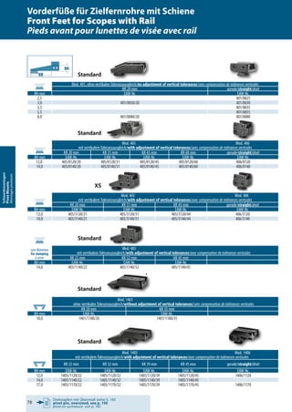 Drehzapfen mit Übermaß siehe S. 145
pivot pin, oversized, see p. 145
pivot en surmesure voir p. 145
78
Schwenkmontagen
PivotMounts
Montagespivotants
Mod. 1401
ohne vertikalen Toleranzausgleich/without adjustment of vertical tolerances/sans compensation de tolérances verticales
KR 20 mm KR 35 mm
BH mm EAW-Nr. EAW-Nr.
10,0 1401/1100/20 1401/1100/35
Mod. 1405 Mod. 1406
mit vertikalem Toleranzausgleich/with adjustment of vertical tolerances/avec compensation de tolérances verticales
KR 22 mm KR 32 mm KR 39 mm KR 45 mm gerade/straight/droit
BH mm EAW-Nr. EAW-Nr. EAW-Nr. EAW-Nr. EAW-Nr.
12,0 1405/1120/22 1405/1120/32 1405/1120/39 1405/1120/45 1406/1120
14,0 1405/1140/22 1405/1140/32 1405/1140/39 1405/1140/45
17,0 1405/1170/22 1405/1170/32 1405/1170/39 1405/1170/45 1406/1170
Mod. 401, ohne vertikalen Toleranzausgleich/no adjustment of vertical tolerances/sans compensation de tolérances verticales
KR 20 mm gerade/straight/droit
BH mm EAW-Nr. EAW-Nr.
2,5 401/0025
3,0 401/0030/20 401/0030
3,5 401/0035
5,5 401/0055
8,0 401/0080/20 401/0080
Mod. 405 Mod. 406
mit vertikalem Toleranzausgleich/with adjustment of vertical tolerances/avec compensation de tolérances verticales
KR 20 mm KR 31 mm KR 45 mm KR 60 mm gerade/straight/droit
BH mm EAW-Nr. EAW-Nr. EAW-Nr. EAW-Nr. EAW-Nr.
12,0, 405/0120/20 405/0120/31 405/0120/45 405/0120/60 406/0120
14,0 405/0140/20 405/0140/31 405/0140/45 405/0140/60 406/0140
Mod. 405 Mod. 406
mit vertikalem Toleranzausgleich/with adjustment of vertical tolerances/avec compensation de tolérances verticales
KR 20 mm KR 31 mm KR 45 mm gerade/straight/droit
BH mm EAW-Nr. EAW-Nr. EAW-Nr. EAW-Nr.
12,0 405/3120/21 405/3120/31 405/3120/44 406/3120
14,0 405/3140/21 405/3140/31 405/3140/44 406/3140
Mod. 405 Mod. 406Mod. 405 Mod. 406
zum Klemmen
for clamping
à serrer
Mod. 405
mit vertikalem Toleranzausgleich/with adjustment of vertical tolerances/avec compensation de tolérances verticales
KR 22 mm KR 32 mm KR 45 mm
BH mm EAW-Nr. EAW-Nr. EAW-Nr.
14,0 405/1140/22 405/1140/32 405/1140/45
Standard
Standard
XS
Standard
Standard
Standard
KR
Vorderfüße für Zielfernrohre mit Schiene
Front Feet for Scopes with Rail
Pieds avant pour lunettes de visée avec rail
 