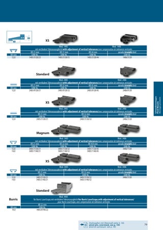 Drehzapfen mit Übermaß siehe S. 145
pivot pin, oversized, see p. 145
pivot en surmesure voir p. 145
79
Schwenkmontagen
PivotMounts
Montagespivotants
Mod. 3405 Mod. 3406
mit vertikalem Toleranzausgleich/with adjustment of vertical tolerances/avec compensation de tolérances verticales
KR 21 mm KR 32 mm KR 454 mm gerade/straight/droit
BH mm EAW-Nr. EAW-Nr. EAW-Nr. EAW-Nr.
12,0 3405/1120/21 3405/1120/32 3405/1120/45 3406/1120
14,0 3405/1140/21 3405/1140/32 3405/1140/45
Mod. 3405 Mod. 3406
mit vertikalem Toleranzausgleich/with adjustment of vertical tolerances/avec compensation de tolérances verticales
KR 21 mm KR 32 mm gerade/straight/droit
BH mm EAW-Nr. EAW-Nr. EAW-Nr.
12,0 3405/3120/21 3405/3120/32 3406/3120
14,0 3405/3140/21 3405/3140/32
Mod. 1405 Mod. 1406
mit vertikalem Toleranzausgleich/with adjustment of vertical tolerances/avec compensation de tolérances verticales
KR 23 mm KR 31 mm KR 44 mm gerade/straight/droit
BH mm EAW-Nr. EAW-Nr. EAW-Nr. EAW-Nr.
12,0 1405/3120/23 1405/3120/31 1405/3120/44 1406/3120
Mod. 2405 Mod. 2406
mit vertikalem Toleranzausgleich/with adjustment of vertical tolerances/avec compensation de tolérances verticales
KR 21 mm KR 32 mm KR 45 mm gerade/straight/droit
BH mm EAW-Nr. EAW-Nr. EAW-Nr. EAW-Nr.
12,0 2405/0120/21 2405/0120/32 2405/0120/45 2406/0120
Mod. 4405
für Burris LaserScope,mit vertikalem Toleranzausgleich/for Burris LaserScope,with adjustment of vertical tolerances/
pour Burris LaserScope, avec compensation de tolérances verticales
KR 22 mm
BH mm EAW-Nr.
19,0 4405/0190/22
Mod. 2405 Mod. 2406
mit vertikalem Toleranzausgleich/with adjustment of vertical tolerances/avec compensation de tolérances verticales
KR 21 mm KR 32 mm gerade/straight/droit
BH mm EAW-Nr. EAW-Nr. EAW-Nr.
12,0 2405/3120/21 2405/3120/32 2406/3120
Mod. 4405Mod. 4405
XS
Mod. 1405 Mod. 1406Mod. 1405 Mod. 1406Mod. 1405 Mod. 1406Mod. 1405 Mod. 1406
Standard
Standard
Burris
XS
Magnum
XS
KR
xxxx
 