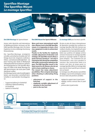 91
Aufschub-/Aufkippmontagen
Slide-on/Roll-oﬀMounts
Montagesàglissière/basculants
Mod. 130
Prisma/dovetail/queue d’aronde BHV Ø 1“/26 mm Ø 30 mm
mm mm EAW-Nr. EAW-Nr.
Anschütz 11.0 46.0 130/26/46-026 130/30/46-026
Feinwerkbau 12.0 46.0 130/26/46-055 130/30/46-055
V auf Wunsch in Bauhöhen 41 und 43 mm lieferbar
also available with a height of 41 and 43 mm
sur demande disponible aussi dans les hauteurs de 41 et 43 mm
BH3,0
Die EAW-Montage für Sportschützen
Immer mehr deutsche und internationa-
le Weltklasseschützen vertrauen auf die
EAW-Sportflex-Montage, denn für beste
Ergebnisse ist eine erstklassige Ausrüstung
Voraussetzung.
Die Sportflex-Montage ermöglicht
schnelles und einfaches Einstellen der Tref-
ferlage durch die integrierte stufenlose
Höhen- und Seiteneinstellmöglichkeit – ob
beim Training oder direkt im Wettkampf.
Selbstgebastelte Konstruktionen gehören
der Vergangenheit an. Die Sportflex-Mon-
tage von EAW ist die ideale Montage für
alle Sportschützen, die nichts dem Zufall
überlassen wollen.
Die Montage besitzt viele Einstellmöglich-
keiten, was besonders vorteilhaft beim
Schießen in wechselnden Anschlagarten
ist:
- Supportverstellung im Vorderfuß
- stufenlose Höheneinstellung
im Vorderfuß
- Gelenk im Hinterfuß
The EAW Mount for Sports Riflemen
More and more international world-
class riflemen trust in the EAW Sportflex
mount. It is imperative to have a first-
class equipment in order to achieve best
results.
Thanks to the facility for steplessly
variable adjustment of elevation and
windage, the Sportflex mount allows a
quick and easy zeroing-in - not only in
training but also during the competition.
Self-made constructions belong to the
past. The EAW Sportflex mount is the
ideal mount for all riflemen who do not
wish to leave anything to chance.
The mount has many adjustment
possibilities. This is of great advantage
when shooting in alternating firing
positions:
- adjustment of support in the
front foot
- steplessly variable adjustment of
elevation in the front foot
- joint in the rear foot
Le montage EAW pour les tireurs sportifs.
De plus en plus de tireurs internationaux
de réputation mondiale font confiance au
montage Sportflex EAW. Afin d’arriver aux
meilleurs résultats, il est impératif qu’ils aient
un équipement de toute première qualité.
Grâce aux systèmes de réglage continu
vertical et horizontal, le montage Sportflex
permet un ajustage rapide et simple du
point d’impact - non seulement lors de
l’entraînement, mais aussi pendant le
concours. Des constructions faites à la
maison sont donc du temps passé. Le
montage Sportflex EAW est le montage idéal
pour tous les tireurs sportifs qui ne laissent
rien au hasard.
Le montage vous offre plusieurs possibilités
de réglage, ce qui est très avantageux surtout
lors du tir dans des positions variables:
- réglage du support dans le pied avant
- réglage continu vertical dans le pied
avant
- jointure dans le pied arrière
TorHeiestedundMichaelJakositserzieltenmit
dieserMontageolympischesGoldinSeoulbzw.
Barcelona!
Tor Heiested and Michael Jakosits won
olympic gold with this mount in Seoul/
Barcelona!
TorHeiestedetMichaelJakositsontgagnéla
médailled‘orolympiqueàl‘aidedecemontageà
Seoul/Barcelone!
Sportflex-Montage
The Sportflex Mount
Le montage Sportflex
 