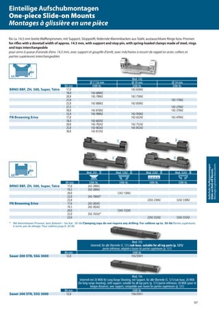 97
Aufschub-/Aufkippmontagen
Slide-on/Roll-oﬀMounts
Montagesàglissière/basculants
Mod. 142
Ø 1“/26 mm Ø 30 mm Ø 34 mm
BH mm EAW-Nr. EAW-Nr. EAW-Nr.
BRNO BBF, ZH, 500, Super, Tatra 17,0 142-65042
18,0 142-60042
20,0 142-70042 142-75042
21,0 142-17042
25,0 142-80042 142-85042
27,5 142-27042
30,0 142-81042 142-37042
35,0 142-90042 142-95042
FN Browning Erice 17,0 142-65242 142-47042
18,0 142-60242
20,0 142-70242 142-75242
25,0 142-80242 142-85242
30,0 142-81242
Mod. 156
Unterteil mit 20 MOA für Long Range Shooting, mit Support, für alle Oberteile (S. 121)/sub-base, 20 MOA
(for long-range shooting), with support, suitable for all top parts (p. 121)/partie inférieure, 20 MOA (pour tir
longue distance), avec support, compatible avec toutes les parties supérieures (p. 121)
BH mm EAW-Nr.
Sauer 200 STR, SSG 3000 12,0 156/359/1
Mod. 155
Unterteil, für alle Oberteile (S. 121)/sub-base, suitable for all top parts (p. 121)/
partie inférieure, adaptée à toutes les parties supérieures (p. 121)
BH mm EAW-Nr.
Sauer 200 STR, SSG 3000 12,0 155/359/1
Mod. 242 1 Mod. 1242 2 Mod. 2242 3 Mod. 3242 4
BH mm EAW-Nr. EAW-Nr. EAW-Nr. EAW-Nr.
BRNO BBF, ZH, 500, Super, Tatra 17,0 242-20042
19,5 242-30042
20,0 1242-13042
22,0 242-10042*
23,0 2242-23042 3242-33042
FN Browning Erice 17,0 242-20242
19,5 242-30242
20,0 1242-13242
22,0 242-10242*
23,0 2242-23242 3242-33242
* Mit klemmbaren Prismen, kein Bohren! – bis Kal. .30-06/Clamping tops do not require any drilling. For calibres up to .30-06/Parties supérieures
à serrer, pas de alésage. Pour calibres jusqu’à .30-06
Mod.Mod. 242242 11 Mod. 1242Mod. 1242 Mod. 2242Mod. 2242 33 Mod. 3242Mod. 3242 44BH
3,0
BH
3,0
Mod. 156Mod. 156
Mod.Mod. 155155
für ca. 14,5 mm breite Waﬀenprismen, mit Support, Stoppstift, federnde Klemmbacken aus Stahl, austauschbare Ringe bzw. Prismen
for riﬂes with a dovetail width of approx. 14.5 mm, with support and stop pin, with spring-loaded clamps made of steel, rings
and tops interchangeable
pour arms à queue d’aronde d’env. 14,5 mm, avec support et goupille d’arrêt, avec mâchoires à ressort de rappel en acier, colliers et
parties supérieures interchangeables
1
2 4
3
Einteilige Aufschubmontagen
One-piece Slide-on Mounts
Montages à glissière en une pièce
 