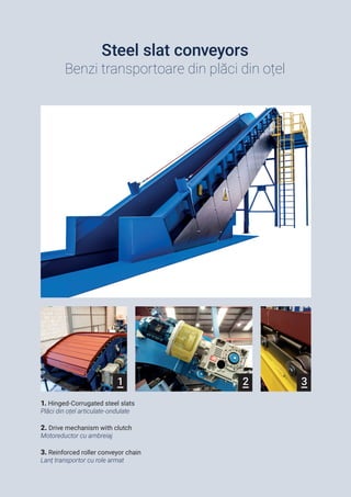 1 2 3
Steel slat conveyors
Benzi transportoare din plăci din oțel
1. Hinged-Corrugated steel slats
Plăci din oțel articula...
