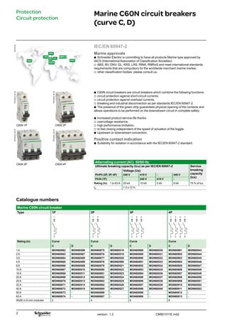 version: 1.2 CM901011E.indd
Marine C60N circuit breakers
(curve C, D)
Catalogue numbers
Marine C60N circuit breaker
Type 1P 2P 3P 4P
1
2
1
2
3
4
1
2
3
4
5
6
1
2
3
4
5
6
7
8
Rating (In) Curve Curve Curve Curve
C D C D C D C D
1 A MGN60862 MGN60506 MGN60875 MGN60518 MGN60888 MGN60530 MGN60901 MGN60543
2 A MGN60863 MGN60507 MGN60876 MGN60519 MGN60889 MGN60531 MGN60902 MGN60544
3 A MGN60864 MGN60508 MGN60877 MGN60520 MGN60890 MGN60532 MGN60903 MGN60545
4 A MGN60865 MGN60589 MGN60878 MGN60590 MGN60891 MGN60533 MGN60904 MGN60546
6 A MGN60866 MGN60509 MGN60879 MGN60521 MGN60892 MGN60534 MGN60905 MGN60547
10 A MGN60867 MGN60510 MGN60880 MGN60522 MGN60893 MGN60535 MGN60906 MGN60548
16 A MGN60868 MGN60511 MGN60881 MGN60523 MGN60894 MGN60536 MGN60907 MGN60549
20 A MGN60869 MGN60512 MGN60882 MGN60524 MGN60895 MGN60537 MGN60908 MGN60550
25 A MGN60870 MGN60513 MGN60883 MGN60525 MGN60896 MGN60538 MGN60909 MGN60551
32 A MGN60871 MGN60514 MGN60884 MGN60526 MGN60897 MGN60539 MGN60910 MGN60552
40 A MGN60872 MGN60515 MGN60885 MGN60527 MGN60898 MGN60540 MGN60911 MGN60553
50 A MGN60873 - MGN60886 - MGN60899 - MGN60912 -
63 A MGN60874 - MGN60887 - MGN60900 - MGN60913 -
Width in 9-mm modules 2 4 6 8
Protection
Circuit protection
C60N circuit breakers are circuit breakers which combine the following functions:
circuit protection against short-circuit currents,
circuit protection against overload currents,
breaking and industrial disconnection as per standards IEC/EN 60947-2.
The presence of the green strip guarantees physical opening of the contacts and
allows operations to be performed on the downstream circuit in complete safety.
Increased product service life thanks:
overvoltage resistance,
high performance limitation,
to fast closing independent of the speed of actuation of the toggle.
Upstream or downstream connection.
Positive contact indication
Suitability for isolation in accordance with the IEC/EN 60947-2 standard.
b
v
v
v
b
b
v
v
v
b
b
IEC/EN 60947-2
Marine approvals
Schneider Electric is committing to have all products Marine type approved by
IACS (International Association of Classification Societies):
ABS, BV, DNV, GL, KRS, LRS, RINA, RMRoS and meet international standards
requirements that are compulsory for the worldwide merchant marine market,
other classification bodies: please consult us.
b
v
v
PB100224_SE-30
Alternating current (AC) 50/60 Hz
Ultimate breaking capacity (Icu) as per IEC/EN 60947-2 Service
breaking
capacity
(Ics)
Voltage (Ue)
Ph/Ph (2P, 3P, 4P) 240 V 415 V - 440 V
Ph/N (1P) - 240 V 415 V -
Rating (In) 1 to 63 A 20 kA 10 kA 3 kA 6 kA 75 % of Icu
iIT
1.2 x 12 In
PB100226_SE-30
PB100232_SE-30
PB100233_SE-30
C60N 1P C60N 2P
C60N 3P C60N 4P
DB123102
ABS
LRS
BV
RINA
GL
DNV
KRS
RMRoS
 