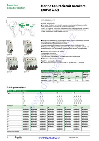 version: 1.2 CM901011E.indd
Marine C60N circuit breakers
(curve C, D)
Catalogue numbers
Marine C60N circuit breaker
Type 1P 2P 3P 4P
1
2
1
2
3
4
1
2
3
4
5
6
1
2
3
4
5
6
7
8
Rating (In) Curve Curve Curve Curve
C D C D C D C D
1 A MGN60862 MGN60506 MGN60875 MGN60518 MGN60888 MGN60530 MGN60901 MGN60543
2 A MGN60863 MGN60507 MGN60876 MGN60519 MGN60889 MGN60531 MGN60902 MGN60544
3 A MGN60864 MGN60508 MGN60877 MGN60520 MGN60890 MGN60532 MGN60903 MGN60545
4 A MGN60865 MGN60589 MGN60878 MGN60590 MGN60891 MGN60533 MGN60904 MGN60546
6 A MGN60866 MGN60509 MGN60879 MGN60521 MGN60892 MGN60534 MGN60905 MGN60547
10 A MGN60867 MGN60510 MGN60880 MGN60522 MGN60893 MGN60535 MGN60906 MGN60548
16 A MGN60868 MGN60511 MGN60881 MGN60523 MGN60894 MGN60536 MGN60907 MGN60549
20 A MGN60869 MGN60512 MGN60882 MGN60524 MGN60895 MGN60537 MGN60908 MGN60550
25 A MGN60870 MGN60513 MGN60883 MGN60525 MGN60896 MGN60538 MGN60909 MGN60551
32 A MGN60871 MGN60514 MGN60884 MGN60526 MGN60897 MGN60539 MGN60910 MGN60552
40 A MGN60872 MGN60515 MGN60885 MGN60527 MGN60898 MGN60540 MGN60911 MGN60553
50 A MGN60873 - MGN60886 - MGN60899 - MGN60912 -
63 A MGN60874 - MGN60887 - MGN60900 - MGN60913 -
Width in 9-mm modules 2 4 6 8
Protection
Circuit protection
C60N circuit breakers are circuit breakers which combine the following functions:
circuit protection against short-circuit currents,
circuit protection against overload currents,
breaking and industrial disconnection as per standards IEC/EN 60947-2.
The presence of the green strip guarantees physical opening of the contacts and
allows operations to be performed on the downstream circuit in complete safety.
Increased product service life thanks:
overvoltage resistance,
high performance limitation,
to fast closing independent of the speed of actuation of the toggle.
Upstream or downstream connection.
Positive contact indication
Suitability for isolation in accordance with the IEC/EN 60947-2 standard.
b
v
v
v
b
b
v
v
v
b
b
IEC/EN 60947-2
Marine approvals
Schneider Electric is committing to have all products Marine type approved by
IACS (International Association of Classification Societies):
ABS, BV, DNV, GL, KRS, LRS, RINA, RMRoS and meet international standards
requirements that are compulsory for the worldwide merchant marine market,
other classification bodies: please consult us.
b
v
v
PB100224_SE-30
Alternating current (AC) 50/60 Hz
Ultimate breaking capacity (Icu) as per IEC/EN 60947-2 Service
breaking
capacity
(Ics)
Voltage (Ue)
Ph/Ph (2P, 3P, 4P) 240 V 415 V - 440 V
Ph/N (1P) - 240 V 415 V -
Rating (In) 1 to 63 A 20 kA 10 kA 3 kA 6 kA 75 % of Icu
iIT
1.2 x 12 In
PB100226_SE-30
PB100232_SE-30
PB100233_SE-30
C60N 1P C60N 2P
C60N 3P C60N 4P
DB123102
ABS
LRS
BV
RINA
GL
DNV
KRS
RMRoS
www.dienhathe.xyz
www.dienhathe.vn
 