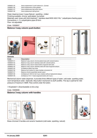 10008001-05 Xenia replacement 3 push buttons kit - Cromed
10008001-06 Xenia replacement screw gaskets
10008001-07 Xenia replacement big screw column
10008001-08 Xenia replacement spring lever
Water dispense tower 3 ways Natural - sparkling - chilled
Finishing available: chrome, gold plated, burnished.
Materials used: brass with food treatment * stainless steel INOX AISI 316L * polyethylene feeding pipes
Connections: n. 3 x polyethylene pipes Ø 8mm
Flow: not adjustable
Code: 10008007
Balance 3-way column push-button
Variants
Code Description
10008007-01 Balance 3-way column chrome-plated brass with colored buttons
10008007-02 Balance 3-way column stainless steel with colored buttons
10008007-03 Balance 3-way column brass buttons engraved with laser
10008007-04 Balance 3-way column stainless steel with laser-engraved buttons
10008007-05 (6) Balance plastic big screw
10008007-06 Balance from buttons to rotary handles conversion kit
10008007-07 Balance chrome assembled aerator spout
10008007-08 (9) Balance D.16X14,5 (kit 3 pcs.) buttons without replacement plaque
10008007-09 (9) Balance 16 X 11 laser-engraved buttons (kit 3 pcs.)
Mechanical column water dispenser. It provides three different types of water: cold water, sparkling water,
room temperature water. Optionals: Stop button mechanism to stuff caraffes. This tap is optimal for inlet
pressure of maximum 3 BAR. Flow control under the button.
>>Exploded<< (Downloadable on-line only)
Code: 10008008
Balance 3-way column with handles
Brass chromed 3 handles and ceramic headwork (cold water, sparkling, natural)
14 January 2020 52/61
 