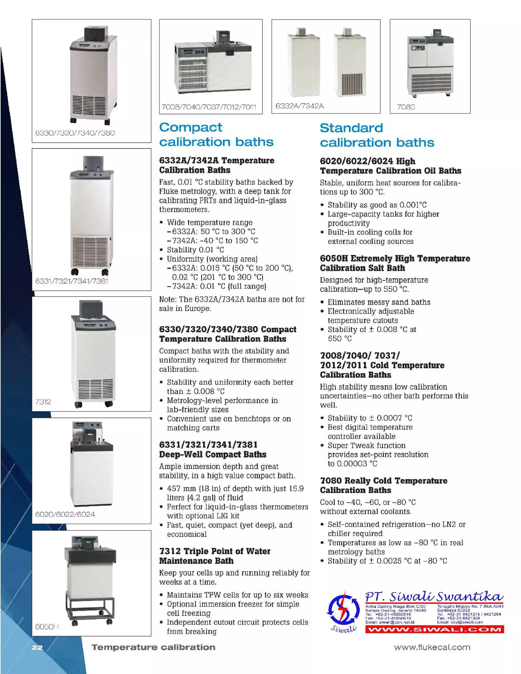 www.flukecal.com
VVVVVV_S».VV~L._~<>IVI
Tenggilis Mejoyo NO.7 Siok AI/43
Surabaya 60292
Tel. +62-31-8421278/8421264
Fax. +62-31-8421304
Email: sby@siwali.com
Artha Gading Niaga SIDk C/20
Kelapa Gading, Jakarta 14240
Tel. +62-21-45850618
Fax. +62-21-45850619
Email: siwali@cbn.net.id
7080 Really Cold Temperature
Calibration Baths
Coolto -40, -60, or -80 DC
without external coolants.
• Self-contained refrigeration-no LN2or
chiller required
• Temperatures as low as -80 DCin real
metrology baths
• Stability of ± 0.0025 DCat -80 DC
7008/1040/ 7037/
7012/1011 Cold Temperature
Calibration Baths
High stability means low calibration
uncertainties-no other bath performs this
well.
• Stability to ± 0.0007 DC
• Best digital temperature
controller available
• Super Tweak function
provides set-point resolution
to 0.00003 DC
6050H Extremely High Temperature
Calibration Salt Bath
Designed for high-temperature
calibration-up to 550 DC.
• Eliminates messy sand baths
• Electronically adjustable
temperature cutouts
• Stability of ± 0.008 DCat
550 DC
Standard
calibration baths
6020/6022/6024 High
Temperature Calibration Oil Baths
Stable, uniform heat sources for calibra-
tions up to 300 DC.
• Stability as good as 0.001DC
• Large-capacity tanks for higher
productivity
• Built-in cooling coils for
external cooling sources
7080
7312 Triple Point of Water
Maintenance Bath
Keep your cells up and running reliably for
weeks at a time.
• Maintains TPWcells for up to six weeks
• Optional immersion freezer for simple
cell freezing
• Independent cutout circuit protects cells
from breaking
Temperature calibration
6331/7321/7341/7381
Deep-Well Compact Baths
Ample immersion depth and great
stability, in a high value compact bath.
• 457 mm (18in) of depth with just 15.9
liters (4.2 gal) of fluid
• Perfect for liquid-in-glass thermometers
with optional LIGkit
• Fast, quiet, compact (yet deep), and
economical
6330/1320/1340/1380 Compact
Temperature Calibration Baths
Compact baths with the stability and
uniformity required for thermometer
calibration.
• Stability and uniformity each better
than ± 0.008 DC
• Metrology-level performance in
lab-friendly sizes
• Convenient use on benchtops or on
matching carts
6332A/1342A Temperature
Calibration Baths
Fast, om DCstability baths backed by
Fluke metrology, with a deep tank for
calibrating PRTsand liquid-in-glass
thermometers.
• Wide temperature range
- 6332A: 50 DCto 300 DC
-7342A: -40 DCto 150 DC
• Stability om DC
• Uniformity (working area)
- 6332A: Om5 DC(50 DCto 200 DC),
0.02 DC(201 DCto 300 DC)
- 7342A: om DC(fullrange)
Note:The 6332A/7342A baths are not for
sale in Europe.
Compact
calibration baths
7008/7040/7037/7012/7011 6332N7342A
633017320/7340/7380
~
 