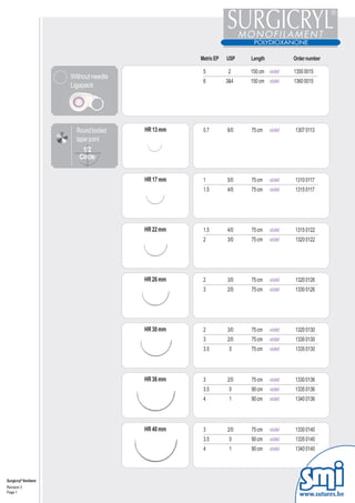 Metric EP   USP   Length            Order number

                                                       5           2    150 cm violet     1350 0015
                          Without needle
                                                       6          3&4   150 cm violet     1360 0015
                          Ligapack




                            Round bodied   HR 13 mm    0.7        6/0   75 cm    violet   1307 0113
                            taper point
                               1/2
                             Circle


                                           HR 17 mm    1          5/0   75 cm    violet   1310 0117
                                                       1.5        4/0   75 cm    violet   1315 0117




                                           HR 22 mm    1.5        4/0   75 cm    violet   1315 0122
                                                       2          3/0   75 cm    violet   1320 0122




                                           HR 26 mm    2          3/0   75 cm    violet   1320 0126
                                                       3          2/0   75 cm    violet   1330 0126




                                           HR 30 mm    2          3/0   75 cm    violet   1320 0130
                                                       3          2/0   75 cm    violet   1330 0130
                                                       3.5         0    75 cm    violet   1335 0130




                                           HR 36 mm    3          2/0   75 cm    violet   1330 0136
                                                       3.5         0    90 cm    violet   1335 0136
                                                       4           1    90 cm    violet   1340 0136




                                           HR 40 mm    3          2/0   75 cm    violet   1330 0140
                                                       3.5         0    90 cm    violet   1335 0140
                                                       4           1    90 cm    violet   1340 0140




Surgicryl® Monofilament
Revision 3
Page 1
                                                                                            www.sutures.be
 