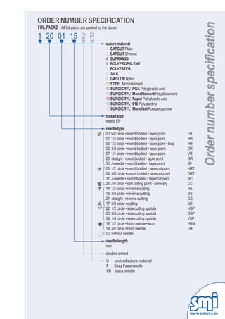 ORDER NUMBER SPECIFICATION
FOIL PACKS All foil packs are packed by the dozen




                                                                                              Order number specification
1 20 01 15 2 P
                                          suture material
                                          1 CATGUT Plain
                                          2 CATGUT Chrome
                                          4 SUPRAMID
                                          5 POLYPROPYLENE
                                          7 POLYESTER
                                          8 SILK
                                          9 DACLON Nylon
                                          10 STEEL Monofilament
                                          11 SURGICRYL® PGA Polyglycolic acid
                                          13 SURGICRYL® Monofilament Polydioxanone
                                          14 SURGICRYL® Rapid Polyglycolic acid
                                          15 SURGICRYL® 910 Polyglactine
                                          16 SURGICRYL® Monofast Polyglecaprone
                                          thread size
                                          metric EP
                                          needle type
                                          03 5/8 circle • round bodied • taper point          FR
                                          01 1/2 circle • round bodied • taper point          HR
                                          09 1/2 circle • round bodied • taper point • loop   HR
                                          02 3/8 circle • round bodied • taper point          DR
                                          07 1/4 circle • round bodied • taper point          VR
                                          20 straight • round bodied • taper point            GR
                                          30 J-needle • round bodied • taper point            JR
                                          05 1/2 circle • round bodied • tapercut point       HRT
                                          04 3/8 circle • round bodied • tapercut point       DRT
                                          31 J-needle • round bodied • tapercut point         JRT
                                          26 3/8 circle • soft cutting point • coronary       CC
                                          14 1/2 circle • reverse cutting                     HS
                                          15 3/8 circle • reverse cutting                     DS
                                          21 straight • reverse cutting                       GS
                                          17 3/8 circle • cutting                             NS
                                          22 1/2 circle • side cutting spatula                HSP
                                          23 3/8 circle • side cutting spatula                DSP
                                          24 1/4 circle • side cutting spatula                VSP
                                          18 1/2 circle • blunt needle • loop                 HRN
                                          19 3/8 circle • blunt needle                        DB
                                          00 without needle
                                          needle length
                                          mm
                                          double armed
                                          U undyed suture material
                                          P Easy Pass needle
                                          VB black needle




                                                                                                www.sutures.be
 
