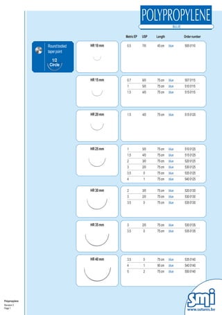 Metric EP   USP   Length          Order number

                Round bodied   HR 10 mm    0.5        7/0   45 cm    blue   505 0110
                taper point
                  1/2
                 Circle


                               HR 15 mm    0.7        6/0   75 cm    blue   507 0115
                                           1          5/0   75 cm    blue   510 0115
                                           1.5        4/0   75 cm    blue   515 0115




                               HR 20 mm    1.5        4/0   75 cm    blue   515 0120




                               HR 25 mm    1          5/0   75 cm    blue   510 0125
                                           1.5        4/0   75 cm    blue   515 0125
                                           2          3/0   75 cm    blue   520 0125
                                           3          2/0   75 cm    blue   530 0125
                                           3.5        0     75 cm    blue   535 0125
                                           4          1     75 cm    blue   540 0125


                               HR 30 mm    2          3/0   75 cm    blue   520 0130
                                           3          2/0   75 cm    blue   530 0130
                                           3.5        0     75 cm    blue   535 0130




                               HR 35 mm    3          2/0   75 cm    blue   530 0135
                                           3.5        0     75 cm    blue   535 0135




                               HR 40 mm    3.5        0     75 cm    blue   535 0140
                                           4          1     90 cm    blue   540 0140
                                           5          2     75 cm    blue   550 0140




Polypropylene
Revision 3
Page 1
                                                                              www.sutures.be
 