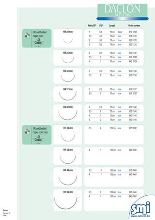 Metric EP   USP   Length           Order number

             Round bodied       HR 20 mm    1          5/0   75 cm    black   910 0120
             taper point                    1.5        4/0   75 cm    blue    915 0120
                1/2                         2          3/0   75 cm    blue    920 0120
              Circle                        3          2/0   75 cm    blue    930 0120


                                HR 26 mm    3          2/0   75 cm    blue    930 0126
                                            3.5        0     75 cm    blue    935 0126
                                            4          1     75 cm    blue    940 0126


                                HR 30 mm    3          2/0   75 cm    blue    930 0130
                                            3.5        0     75 cm    blue    935 0130




                                HR 37 mm    3          2/0   75 cm    blue    930 0137
                                            3.5        0     75 cm    blue    935 0137




                                HR 40 mm    3          2/0   75 cm    blue    930 0140
                                            3.5        0     75 cm    blue    935 0140
                                            4          1     75 cm    blue    940 0140
                                            5          2     75 cm    blue    950 0140


             Round bodied       HR 30 mm    3.5        0     150 cm blue      935 0930
             taper point loop
                1/2
              Circle


                                HR 35 mm    4          1     150 cm blue      940 0935




                                HR 40 mm    3.5         0    150 cm blue      935 0940
                                            4           1    150 cm blue      940 0940




                                HR 50 mm    3.5        0     150 cm blue      935 0950
                                            4          1     150 cm blue      940 0950




Daclon
Revision 3
Page 1
                                                                                www.sutures.be
 