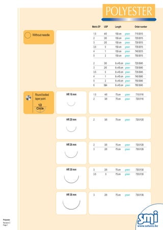 Metric EP   USP    Length              Order number

                                          2
                                          1.5         3/0
                                                     4/0    6 x 45 cm
                                                            150 cm              720 0045
                                                                                715 0015
             Without needle               3           2/0   6 x 45 cm
                                                                        green
                                                                                730 0045
                                          2
                                          3.5        3/0
                                                      0     150 cm
                                                            6 x 45 cm   green   720 0015
                                                                                735 0045
                                          4
                                          3           1
                                                     2/0    6 x 45 cm
                                                            150 cm      green   740 0045
                                                                                730 0015
                                          5           2     6 x 45 cm           750 0045
                                          3.5         0     150 cm      green   735 0015
                                          4           1     150 cm      green   740 0015
                                          5           2     150 cm      green   750 0015

                                          2          3/0    6 x 45 cm green     720 0045
                                          3          2/0    6 x 45 cm green     730 0045
                                          3.5         0     6 x 45 cm green     735 0045
                                          4           1     6 x 45 cm green     740 0045
                                          5           2     6 x 45 cm green     750 0045
                                          6          3&4    6 x 45 cm green     760 0045


               Round bodied   HR 16 mm    1.5        4/0    75 cm       green   715 0116
               taper point                2          3/0    75 cm       green   720 0116

                 1/2
                Circle


                              HR 20 mm    2          3/0    75 cm       green   720 0120




                              HR 26 mm    2          3/0    75 cm       green   720 0126
                                          3          2/0    75 cm       green   730 0126




                              HR 30 mm    3          2/0    75 cm       green   730 0130
                                          3.5         0     75 cm       green   735 0130




                              HR 36 mm    3          2/0    75 cm       green   730 0136




Polyester
Revision 3
Page 1
                                                                                  www.sutures.be
 