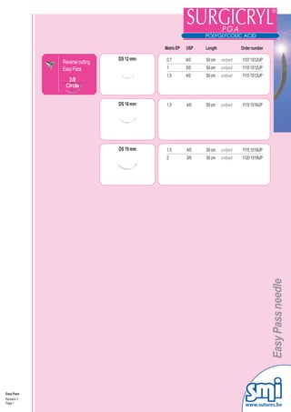 Metric EP   USP   Length            Order number

                               DS 12 mm    0.7        6/0   50 cm             1107 1512UP
             Reverse cutting                                         undyed
             Easy Pass                     1          5/0   50 cm    undyed   1110 1512UP
                                           1.5        4/0   50 cm    undyed   1115 1512UP
               3/8
              Circle


                               DS 16 mm    1.5        4/0   50 cm    undyed   1115 1516UP




                               DS 19 mm    1.5        4/0   50 cm    undyed   1115 1519UP
                                           2          3/0   50 cm    undyed   1120 1519UP




                                                                                      Easy Pass needle




Easy Pass
Revision 3
Page 1
                                                                                www.sutures.be
 