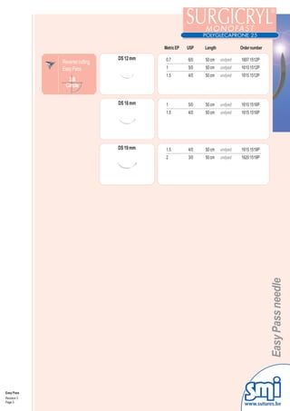 Metric EP   USP   Length            Order number

                               DS 12 mm    0.7        6/0   50 cm             1607 1512P
             Reverse cutting                                         undyed
             Easy Pass                     1          5/0   50 cm    undyed   1610 1512P
                                           1.5        4/0   50 cm    undyed   1615 1512P
               3/8
              Circle


                               DS 16 mm    1          5/0   50 cm    undyed   1610 1516P
                                           1.5        4/0   50 cm    undyed   1615 1516P




                               DS 19 mm    1.5        4/0   50 cm    undyed   1615 1519P
                                           2          3/0   50 cm    undyed   1620 1519P




                                                                                      Easy Pass needle




Easy Pass
Revision 3
Page 3
                                                                                www.sutures.be
 