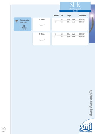Metric EP   USP   Length           Order number

             Reverse cutting   DS 16 mm    1          5/0   50 cm    black   810 1516P
             Easy Pass                     1.5        4/0   50 cm    black   815 1516P

               3/8
              Circle


                               DS 19 mm    1.5        4/0   50 cm    black   815 1519P
                                           2          3/0   50 cm    black   820 1519P




                                                                                     Easy Pass needle




Easy Pass
Revision 3
Page 6
                                                                               www.sutures.be
 