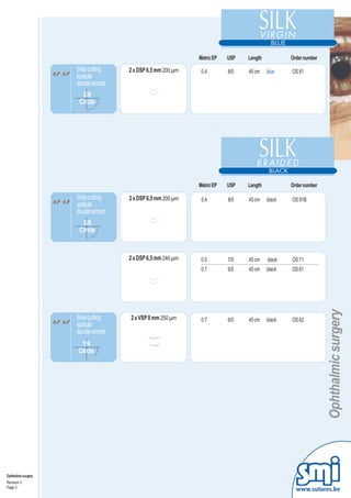 Metric EP   USP   Length           Order number
                     Side cutting   2 x DSP 6,5 mm 200 µm    0.4        8/0   45 cm    blue    OS 81
                     spatula
                     double armed
                       3/8
                      Circle




                                                            Metric EP   USP   Length           Order number

                     Side cutting   2 x DSP 6,5 mm 200 µm    0.4        8/0   45 cm    black   OS 81B
                     spatula
                     double armed
                       3/8
                      Circle


                                    2 x DSP 6,5 mm 240 µm    0.5        7/0   45 cm    black   OS 71
                                                             0.7        6/0   45 cm    black   OS 61




                     Side cutting   2 x VSP 8 mm 250 µm      0.7        6/0   45 cm    black   OS 62


                                                                                                        Ophthalmic surgery
                     spatula
                     double armed
                      1/4
                     Circle




Ophthalmic surgery
Revision 3
Page 3
                                                                                                 www.sutures.be
 