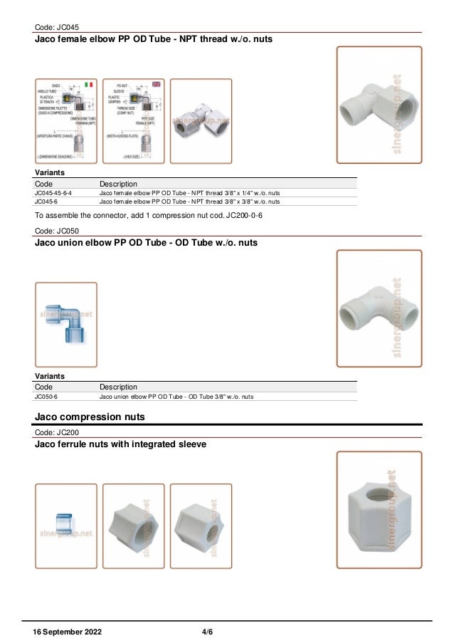 Fittings Jaco compression fit catalog PDF
