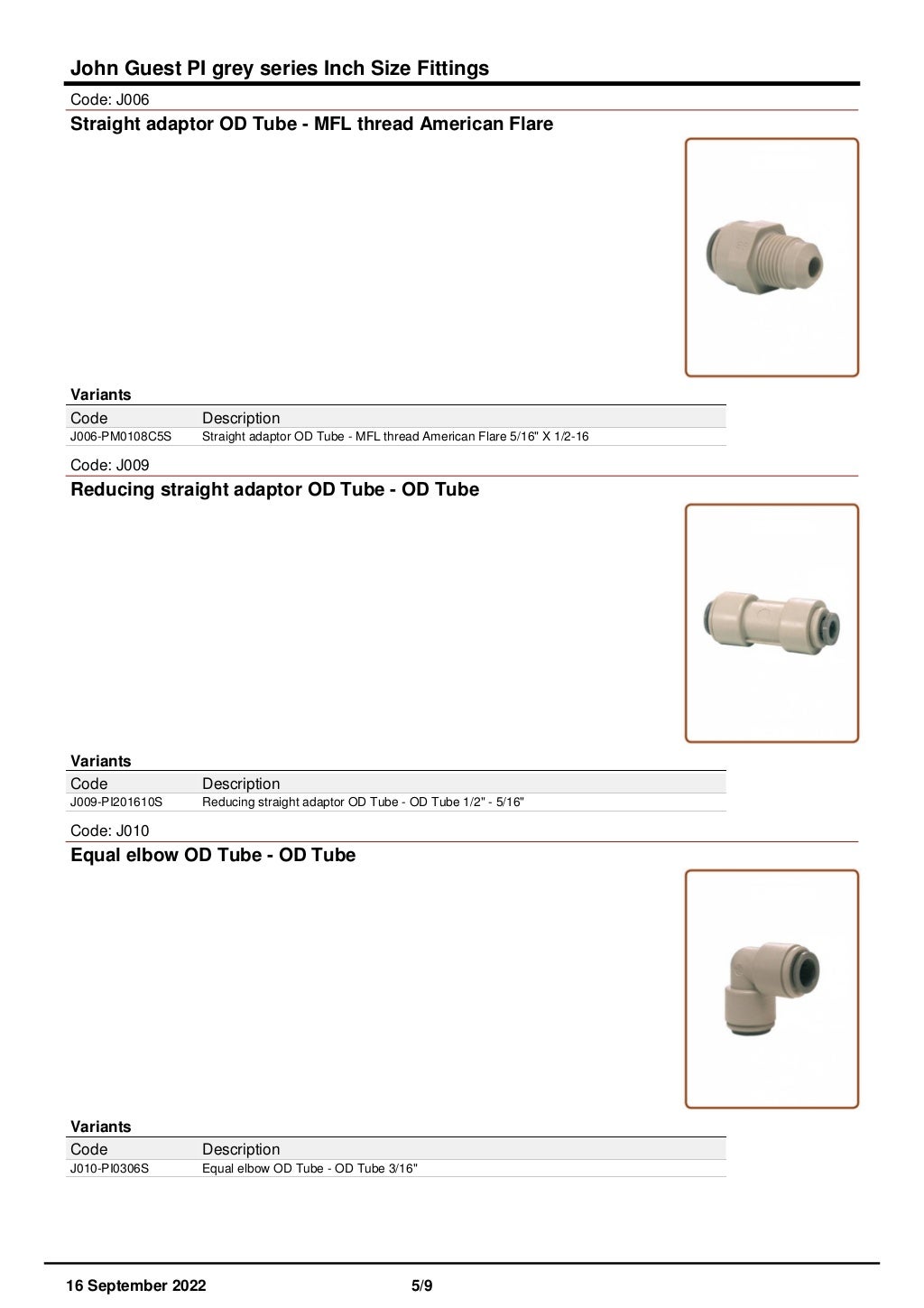 Fittings John Guest quick fit catalog PDF