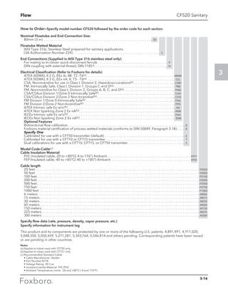 Flow
3
CFS20 Sanitary
How to Order—Specify model number CFS20 followed by the order code for each section.
Nominal Flowtube and End Connection Size:
80mm (3 in) . . . . . . . . . . . . . . . . . . . . . . . . . . . . . . . . . . . . . . . . . . . . . . . . . . . . .  30
Flowtube Wetted Material
AISI Type 316L Stainless Steel prepared for sanitary applications
(3A Authorization Number 224) . . . . . . . . . . . . . . . . . . . . . . . . . . . . . . . . . . . . . . . . . . . . . . . . . . . C
End Connections (Supplied in AISI Type 316 stainless steel only):
For mating to tri-clover quick-disconnect ferrule . . . . . . . . . . . . . . . . . . . . . . . . . . . . . . . . . . . . . . . . . . P
DIN coupling with external thread, DIN 11851  . . . . . . . . . . . . . . . . . . . . . . . . . . . . . . . . . . . . . . . . . . . N
Electrical Classification (Refer to Foxboro for details)
ATEX (KEMA), II 2 G, EEx ib, IIB; T2 -T6(a) . . . . . . . . . . . . . . . . . . . . . . . . . . . . . . . . . . . . . . . . . . . . . . . . . . . MMM
ATEX (KEMA), II 3 G, EEx nA, II; T3- -T6(a) . . . . . . . . . . . . . . . . . . . . . . . . . . . . . . . . . . . . . . . . . . . . . . . . . . . . LLL
CSA, Nonincendive for use in Class I, Division 2, Hazardous Locations(a) . . . . . . . . . . . . . . . . . . . . . . . .  CNN
FM, Intrinsically Safe, Class I, Division 1, Groups C and D(a) . . . . . . . . . . . . . . . . . . . . . . . . . . . . . . . . . . . . FBB
FM, Nonincendive for Class I, Division 2, Groups A, B, C, and D(a)  . . . . . . . . . . . . . . . . . . . . . . . . . . . . . . FNN
CSA/CSAus Division 1/Zone 0 Intrinsically Safe(b) . . . . . . . . . . . . . . . . . . . . . . . . . . . . . . . . . . . . . . . . . . . . . CAA
CSA/CSAus Division 2/Zone 2 Non-Incendive(b) . . . . . . . . . . . . . . . . . . . . . . . . . . . . . . . . . . . . . . . . . . . . .  CCN
FM Division 1/Zone 0 Intrinsically Safe(b) . . . . . . . . . . . . . . . . . . . . . . . . . . . . . . . . . . . . . . . . . . . . . . . . . . . . . FAA
FM Division 2/Zone 2 Non-Incendive(b) . . . . . . . . . . . . . . . . . . . . . . . . . . . . . . . . . . . . . . . . . . . . . . . . . . . . . . FFN
ATEX Intrinsic safe Ex ia/ic(b) . . . . . . . . . . . . . . . . . . . . . . . . . . . . . . . . . . . . . . . . . . . . . . . . . . . . . . . . . . . . . . . AA
ATEX Non Sparking Zone 2 Ex nA(b)  . . . . . . . . . . . . . . . . . . . . . . . . . . . . . . . . . . . . . . . . . . . . . . . . . . . . . . .  ANN
IECEx Intrinsic safe Ex ia/ic(b) . . . . . . . . . . . . . . . . . . . . . . . . . . . . . . . . . . . . . . . . . . . . . . . . . . . . . . . . . . . . . . . EAA
IECEx Non Sparking Zone 2 Ex nA(b) . . . . . . . . . . . . . . . . . . . . . . . . . . . . . . . . . . . . . . . . . . . . . . . . . . . . . . .  ENN
Optional Features
Bidirectional flow calibration . . . . . . . . . . . . . . . . . . . . . . . . . . . . . . . . . . . . . . . . . . . . . . . . . . . . . . . . . . . . . . . . . . . . . B
Foxboro material certification of process wetted materials (conforms to DIN 50049, Paragraph 3.1B) . . . . . B
Specify One
Calibrated for use with a CFT50 transmitter (default) . . . . . . . . . . . . . . . . . . . . . . . . . . . . . . . . . . . . . . . . . . . . . . . . E
Calibrated for use with a CFT10 or CFT15 transmitter . . . . . . . . . . . . . . . . . . . . . . . . . . . . . . . . . . . . . . . . . . . . . . . T
Dual calibrations for use with a CFT10, CFT15, or CFT50 transmitter . . . . . . . . . . . . . . . . . . . . . . . . . . . . . . . . . . S
Model Code-Cable(c)
Cable Insulation Material
PVC-Insulated cable,-20 to +80°C(-4 to 176°) Ambient . . . . . . . . . . . . . . . . . . . . . . . . . . . . . . . . . . . . . . . . . . . . . . . . . KFS1
FEP-Insulated cable,-40 to +85°C(-40 to +185°) Ambient. . . . . . . . . . . . . . . . . . . . . . . . . . . . . . . . . . . . . . . . . . . . . . . . KFS2
Cable length
20 feet . . . . . . . . . . . . . . . . . . . . . . . . . . . . . . . . . . . . . . . . . . . . . . . . . . . . . . . . . . . . . . . . . . . . . . . . . . . . . . . . . . . . . . . . . . . . . . . -F0020
50 feet . . . . . . . . . . . . . . . . . . . . . . . . . . . . . . . . . . . . . . . . . . . . . . . . . . . . . . . . . . . . . . . . . . . . . . . . . . . . . . . . . . . . . . . . . . . . . . . -F0050
100 feet . . . . . . . . . . . . . . . . . . . . . . . . . . . . . . . . . . . . . . . . . . . . . . . . . . . . . . . . . . . . . . . . . . . . . . . . . . . . . . . . . . . . . . . . . . . . . . -F0100
200 feet . . . . . . . . . . . . . . . . . . . . . . . . . . . . . . . . . . . . . . . . . . . . . . . . . . . . . . . . . . . . . . . . . . . . . . . . . . . . . . . . . . . . . . . . . . . . . . -F0200
500 feet . . . . . . . . . . . . . . . . . . . . . . . . . . . . . . . . . . . . . . . . . . . . . . . . . . . . . . . . . . . . . . . . . . . . . . . . . . . . . . . . . . . . . . . . . . . . . . -F0500
750 feet . . . . . . . . . . . . . . . . . . . . . . . . . . . . . . . . . . . . . . . . . . . . . . . . . . . . . . . . . . . . . . . . . . . . . . . . . . . . . . . . . . . . . . . . . . . . . . -F0750
1000 feet . . . . . . . . . . . . . . . . . . . . . . . . . . . . . . . . . . . . . . . . . . . . . . . . . . . . . . . . . . . . . . . . . . . . . . . . . . . . . . . . . . . . . . . . . . . . . -F1000
6 meters . . . . . . . . . . . . . . . . . . . . . . . . . . . . . . . . . . . . . . . . . . . . . . . . . . . . . . . . . . . . . . . . . . . . . . . . . . . . . . . . . . . . . . . . . . . . . . -M006
15 meters . . . . . . . . . . . . . . . . . . . . . . . . . . . . . . . . . . . . . . . . . . . . . . . . . . . . . . . . . . . . . . . . . . . . . . . . . . . . . . . . . . . . . . . . . . . . .-M015
30 meters . . . . . . . . . . . . . . . . . . . . . . . . . . . . . . . . . . . . . . . . . . . . . . . . . . . . . . . . . . . . . . . . . . . . . . . . . . . . . . . . . . . . . . . . . . . . .-M030
60 meters . . . . . . . . . . . . . . . . . . . . . . . . . . . . . . . . . . . . . . . . . . . . . . . . . . . . . . . . . . . . . . . . . . . . . . . . . . . . . . . . . . . . . . . . . . . . .-M060
150 meters  . . . . . . . . . . . . . . . . . . . . . . . . . . . . . . . . . . . . . . . . . . . . . . . . . . . . . . . . . . . . . . . . . . . . . . . . . . . . . . . . . . . . . . . . . . . -M150
225 meters  . . . . . . . . . . . . . . . . . . . . . . . . . . . . . . . . . . . . . . . . . . . . . . . . . . . . . . . . . . . . . . . . . . . . . . . . . . . . . . . . . . . . . . . . . . . -M225
300 meters  . . . . . . . . . . . . . . . . . . . . . . . . . . . . . . . . . . . . . . . . . . . . . . . . . . . . . . . . . . . . . . . . . . . . . . . . . . . . . . . . . . . . . . . . . . . -M300
Specify flow data (rate, pressure, density, vapor pressure, etc.)
Specify information for instrument tag
This product and its components are protected by one or more of the following U.S. patents: 4,891,991; 4,911,020;
5,048,350; 5,050,439; 5,271,281; 5,343,764; 5,546,814 and others pending. Corresponding patents have been issued
or are pending in other countries.
Notes
(a)	Applies to tubes used with CFT50 only.
(b)	Applies to tubes used with CFT51 only.	
(c)	Recommended Standard Cable:
	 • Cable Manufacturer: Belden
	 • Part Number:8778
	 • Voltage Rating: 30 V ac
	 • Insulation/Jacket Material: PVC/PVC
	 • Ambient Temperature Limits: -20 and +80°C (-4 and 176°F)
3-16
 