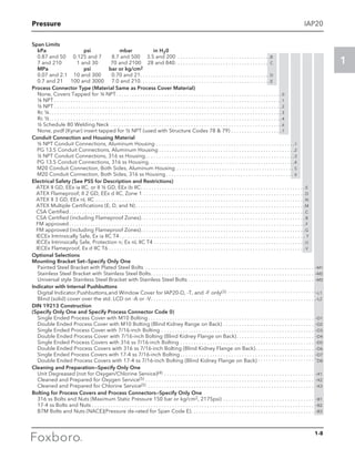 Pressure
1
1-8
IAP20
Span Limits
kPa	 psi	 mbar 	 in H20
0.87 and 50	 0.125 and 7	 8.7 and 500 	 3.5 and 200 . . . . . . . . . . . . . . . . . . . . . . . . . . . . . . . . . . . B
7 and 210	 1 and 30	 70 and 2100 	 28 and 840 . . . . . . . . . . . . . . . . . . . . . . . . . . . . . . . . . . . C
MPa	 psi	 bar or kg/cm2
0.07 and 2.1	 10 and 300	 0.70 and 21 . . . . . . . . . . . . . . . . . . . . . . . . . . . . . . . . . . . . . . . . . . . . . . . . D
0.7 and 21	 100 and 3000	 7.0 and 210 . . . . . . . . . . . . . . . . . . . . . . . . . . . . . . . . . . . . . . . . . . . . . . . . E
Process Connector Type (Material Same as Process Cover Material)
None, Covers Tapped for ¼ NPT . . . . . . . . . . . . . . . . . . . . . . . . . . . . . . . . . . . . . . . . . . . . . . . . . . . . . . . . . . . . .  0
¼ NPT . . . . . . . . . . . . . . . . . . . . . . . . . . . . . . . . . . . . . . . . . . . . . . . . . . . . . . . . . . . . . . . . . . . . . . . . . . . . . . . . . . . . .  1
½ NPT . . . . . . . . . . . . . . . . . . . . . . . . . . . . . . . . . . . . . . . . . . . . . . . . . . . . . . . . . . . . . . . . . . . . . . . . . . . . . . . . . . . . .  2
Rc ¼ . . . . . . . . . . . . . . . . . . . . . . . . . . . . . . . . . . . . . . . . . . . . . . . . . . . . . . . . . . . . . . . . . . . . . . . . . . . . . . . . . . . . . .  3
Rc ½ . . . . . . . . . . . . . . . . . . . . . . . . . . . . . . . . . . . . . . . . . . . . . . . . . . . . . . . . . . . . . . . . . . . . . . . . . . . . . . . . . . . . . .  4
½ Schedule 80 Welding Neck . . . . . . . . . . . . . . . . . . . . . . . . . . . . . . . . . . . . . . . . . . . . . . . . . . . . . . . . . . . . . . . .  6
None, pvdf (Kynar) insert tapped for ½ NPT (used with Structure Codes 78  79) . . . . . . . . . . . . . . . . . . .  7
Conduit Connection and Housing Material
½ NPT Conduit Connections, Aluminum Housing . . . . . . . . . . . . . . . . . . . . . . . . . . . . . . . . . . . . . . . . . . . . . . . . . . . . 1
PG 13.5 Conduit Connections, Aluminum Housing . . . . . . . . . . . . . . . . . . . . . . . . . . . . . . . . . . . . . . . . . . . . . . . . . . .2
½ NPT Conduit Connections, 316 ss Housing . . . . . . . . . . . . . . . . . . . . . . . . . . . . . . . . . . . . . . . . . . . . . . . . . . . . . . . 3
PG 13.5 Conduit Connections, 316 ss Housing . . . . . . . . . . . . . . . . . . . . . . . . . . . . . . . . . . . . . . . . . . . . . . . . . . . . . . 4
M20 Conduit Connection, Both Sides, Aluminum Housing . . . . . . . . . . . . . . . . . . . . . . . . . . . . . . . . . . . . . . . . . . . . . 5
M20 Conduit Connection, Both Sides, 316 ss Housing  . . . . . . . . . . . . . . . . . . . . . . . . . . . . . . . . . . . . . . . . . . . . . . . . 6
Electrical Safety (See PSS for Description and Restrictions)
	 ATEX II GD, EEx ia IIC, or II ½ GD, EEx ib IIC. . . . . . . . . . . . . . . . . . . . . . . . . . . . . . . . . . . . . . . . . . . . . . . . . . . . . . . . . . . . . .  E
	 ATEX Flameproof; II 2 GD, EEx d IIC, Zone 1. . . . . . . . . . . . . . . . . . . . . . . . . . . . . . . . . . . . . . . . . . . . . . . . . . . . . . . . . . . . . D
	 ATEX II 3 GD, EEx nL IIC. . . . . . . . . . . . . . . . . . . . . . . . . . . . . . . . . . . . . . . . . . . . . . . . . . . . . . . . . . . . . . . . . . . . . . . . . . . . . . . N
	 ATEX Multiple Certifications (E, D, and N). . . . . . . . . . . . . . . . . . . . . . . . . . . . . . . . . . . . . . . . . . . . . . . . . . . . . . . . . . . . . . . . M
	 CSA Certified. . . . . . . . . . . . . . . . . . . . . . . . . . . . . . . . . . . . . . . . . . . . . . . . . . . . . . . . . . . . . . . . . . . . . . . . . . . . . . . . . . . . . . . . . C
	 CSA Certified (including Flameproof Zones). . . . . . . . . . . . . . . . . . . . . . . . . . . . . . . . . . . . . . . . . . . . . . . . . . . . . . . . . . . . . . B
	 FM approved. . . . . . . . . . . . . . . . . . . . . . . . . . . . . . . . . . . . . . . . . . . . . . . . . . . . . . . . . . . . . . . . . . . . . . . . . . . . . . . . . . . . . . . . .  F
	 FM approved (including Flameproof Zones). . . . . . . . . . . . . . . . . . . . . . . . . . . . . . . . . . . . . . . . . . . . . . . . . . . . . . . . . . . . . . G
	 IECEx Intrinsically Safe, Ex ia IIC T4. . . . . . . . . . . . . . . . . . . . . . . . . . . . . . . . . . . . . . . . . . . . . . . . . . . . . . . . . . . . . . . . . . . . . .  T
	 IECEx Intrinsically Safe, Protection n; Ex nL IIC T4. . . . . . . . . . . . . . . . . . . . . . . . . . . . . . . . . . . . . . . . . . . . . . . . . . . . . . . . . U
	 IECEx Flameproof, Ex d IIC T6. . . . . . . . . . . . . . . . . . . . . . . . . . . . . . . . . . . . . . . . . . . . . . . . . . . . . . . . . . . . . . . . . . . . . . . . . . V
Optional Selections
Mounting Bracket Set—Specify Only One
Painted Steel Bracket with Plated Steel Bolts . . . . . . . . . . . . . . . . . . . . . . . . . . . . . . . . . . . . . . . . . . . . . . . . . . . . . . . . . . . . . . . . -M1
Stainless Steel Bracket with Stainless Steel Bolts . . . . . . . . . . . . . . . . . . . . . . . . . . . . . . . . . . . . . . . . . . . . . . . . . . . . . . . . . . . . . -M2
Universal style Stainless Steel Bracket with Stainless Steel Bolts . . . . . . . . . . . . . . . . . . . . . . . . . . . . . . . . . . . . . . . . . . . . . . . . -M3
Indicator with Internal Pushbuttons
Digital Indicator,Pushbuttons,and Window Cover for IAP20-D, -T, and -F only(3) . . . . . . . . . . . . . . . . . . . . . . . . . . . . . . . . . -L1
Blind (solid) cover over the std. LCD on -A or -V . . . . . . . . . . . . . . . . . . . . . . . . . . . . . . . . . . . . . . . . . . . . . . . . . . . . . . . . . . . . . -L2
DIN 19213 Construction
(Specify Only One and Specify Process Connector Code 0)
Single Ended Process Cover with M10 Bolting . . . . . . . . . . . . . . . . . . . . . . . . . . . . . . . . . . . . . . . . . . . . . . . . . . . . . . . . . . . . . . -D1
Double Ended Process Cover with M10 Bolting (Blind Kidney Range on Back) . . . . . . . . . . . . . . . . . . . . . . . . . . . . . . . . . . . -D2
Single Ended Process Cover with 7/16-inch Bolting . . . . . . . . . . . . . . . . . . . . . . . . . . . . . . . . . . . . . . . . . . . . . . . . . . . . . . . . . . -D3
Double Ended Process Cover with 7/16-inch Bolting (Blind Kidney Flange on Back) . . . . . . . . . . . . . . . . . . . . . . . . . . . . . -D4
Single Ended Process Covers with 316 ss 7/16-inch Bolting . . . . . . . . . . . . . . . . . . . . . . . . . . . . . . . . . . . . . . . . . . . . . . . . . . . -D5
Double Ended Process Covers with 316 ss 7/16-inch Bolting (Blind Kidney Flange on Back) . . . . . . . . . . . . . . . . . . . . . . -D6
Single Ended Process Covers with 17-4 ss 7/16-inch Bolting  . . . . . . . . . . . . . . . . . . . . . . . . . . . . . . . . . . . . . . . . . . . . . . . . . . -D7
Double Ended Process Covers with 17-4 ss 7/16-inch Bolting (Blind Kidney Flange on Back) . . . . . . . . . . . . . . . . . . . . . . -D8
Cleaning and Preparation—Specify Only One
Unit Degreased (not for Oxygen/Chlorine Service)(4) . . . . . . . . . . . . . . . . . . . . . . . . . . . . . . . . . . . . . . . . . . . . . . . . . . . . . . . . . -X1
Cleaned and Prepared for Oxygen Service(5) . . . . . . . . . . . . . . . . . . . . . . . . . . . . . . . . . . . . . . . . . . . . . . . . . . . . . . . . . . . . . . . . -X2
Cleaned and Prepared for Chlorine Service(5) . . . . . . . . . . . . . . . . . . . . . . . . . . . . . . . . . . . . . . . . . . . . . . . . . . . . . . . . . . . . . . . -X3
Bolting for Process Covers and Process Connectors—Specify Only One
316 ss Bolts and Nuts (Maximum Static Pressure 150 bar or kg/cm2, 2175psi) . . . . . . . . . . . . . . . . . . . . . . . . . . . . . . . . . . . -B1
17-4 ss Bolts and Nuts . . . . . . . . . . . . . . . . . . . . . . . . . . . . . . . . . . . . . . . . . . . . . . . . . . . . . . . . . . . . . . . . . . . . . . . . . . . . . . . . . . . . -B2
B7M Bolts and Nuts (NACE)(Pressure de-rated for Span Code E) . . . . . . . . . . . . . . . . . . . . . . . . . . . . . . . . . . . . . . . . . . . . . . -B3
 