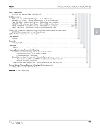 Flow
3
Tube Construction
	 AISI Type 304 Stainless Steel Tube (304 ss). . . . . . . . . . . . . . . . . . . . . . . . . . . . . . . . . . . . . . . . . . –SI
End Connections
	 ANSI Class 150, Carbon Steel Flange — 1 to 24 in Line Sizes . . . . . . . . . . . . . . . . . . . . . . . . . . . . . . . CA
	 AWWA C-207, Class D, Carbon Steel Flange — 28 to 78 in Line Sizes. . . . . . . . . . . . . . . . . . . . . . .  WC
	 PN 6, EN 1092-1, Carbon Steel Flange — 1400 to 2000 mm Line Sizes. . . . . . . . . . . . . . . . . . . . . . . CZ
	 PN10, EN 1092-1, Carbon Steel Flange — 200 to 2000 mm Line Sizes. . . . . . . . . . . . . . . . . . . . . . . CX
	 PN 16, EN 1092-1, Carbon Steel Flange — 65 to 2000 mm Line Sizes. . . . . . . . . . . . . . . . . . . CE or CF(b)
	 PN 40, EN 1092-1, Carbon Steel Flange — 25 to 50 mm Line Sizes. . . . . . . . . . . . . . . . . . . . . . . . . . CG
(a) See “End Connection” selections further in Code to determine ANSI, AWWA, and
	 BS (DIN) flanges applicable to each flowtube size.
(b) For PED, please contact Invensys Foxboro.
Liner Material
	Ebonite. . . . . . . . . . . . . . . . . . . . . . . . . . . . . . . . . . . . . . . . . . . . . . . . . . . . . . . . . . . . . . . . . . . . . . . . . . . . . . . . . . B
Electrodes
	 Hastelloy C-276 . . . . . . . . . . . . . . . . . . . . . . . . . . . . . . . . . . . . . . . . . . . . . . . . . . . . . . . . . . . . . . . . . . . . . . . . . . . . . . H
Coil Drive
	 Pulsed dc. . . . . . . . . . . . . . . . . . . . . . . . . . . . . . . . . . . . . . . . . . . . . . . . . . . . . . . . . . . . . . . . . . . . . . . . . . . . . . . . . . . . . . .  J
Housing Construction/Transmitter Mounting
	 Coated Carbon Steel Housing with Aluminum Terminal Box. . . . . . . . . . . . . . . . . . . . . . . . . . . . . . . . . . . . . . . . . . . . . . –G
		 - Terminal Box has 1/2 inch Conduit Threads
		 - Remote Mounted Transmitter
	 Coated Carbon Steel Housing with Polyamide Terminal Box. . . . . . . . . . . . . . . . . . . . . . . . . . . . . . . . . . . . . . . . . . . . . . –F
		 - Terminal Box has 1/2 inch NPT Conduit Threads with Cable Glands
		 - Remote Mounted Transmitter
	 Coated Carbon Steel Housing with Polyamide Terminal Box, M20 Conduit. . . . . . . . . . . . . . . . . . . . . . . . . . . . . . . . . –V
Electrial Safety (Also see Electrical Safety Specifications section)
	 FM/CSA, Nonincendive Class 1, Div 2. . . . . . . . . . . . . . . . . . . . . . . . . . . . . . . . . . . . . . . . . . . . . . . . . . . . . . . . . . . . . . . . . . . . . . N
	
Example: 9116A-CA-BHJ-GN
3-30
8000A, 9100A, 9200A, 9300A, IMT25
 