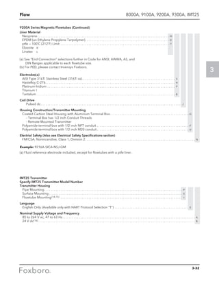 Flow
3
8000A, 9100A, 9200A, 9300A, IMT25
IMT25 Transmitter
Specify IMT25 Transmitter Model Number
Transmitter Housing
Pipe Mounting. . . . . . . . . . . . . . . . . . . . . . . . . . . . . . . . . . . . . . . . . . . . . . . . . . . . . . . . . . . . . . . . . . . . . . . . . . . . . . . . . . . . . -P
Surface Mounting. . . . . . . . . . . . . . . . . . . . . . . . . . . . . . . . . . . . . . . . . . . . . . . . . . . . . . . . . . . . . . . . . . . . . . . . . . . . . . . . . . -S
Flowtube Mounting(14,15) . . . . . . . . . . . . . . . . . . . . . . . . . . . . . . . . . . . . . . . . . . . . . . . . . . . . . . . . . . . . . . . . . . . . . . . . . . . -I
Language
English Only (Available only with HART Protocol Selection “T”) . . . . . . . . . . . . . . . . . . . . . . . . . . . . . . . . . . . . . . . . . . . . . . E
Nominal Supply Voltage and Frequency
85 to 264 V ac, 47 to 63 Hz. . . . . . . . . . . . . . . . . . . . . . . . . . . . . . . . . . . . . . . . . . . . . . . . . . . . . . . . . . . . . . . . . . . . . . . . . . . . . . . . . . A
24 V dc(16) . . . . . . . . . . . . . . . . . . . . . . . . . . . . . . . . . . . . . . . . . . . . . . . . . . . . . . . . . . . . . . . . . . . . . . . . . . . . . . . . . . . . . . . . . . . . . . . . B
9200A Series Magnetic Flowtubes (Continued)
Liner Material
	Neoprene. . . . . . . . . . . . . . . . . . . . . . . . . . . . . . . . . . . . . . . . . . . . . . . . . . . . . . . . . . . . . . . . . . . . . . . . . . . . . . . . . –N
	 EPDM (an Ethylene Propylene Terpolymer). . . . . . . . . . . . . . . . . . . . . . . . . . . . . . . . . . . . . . . . . . . . . . . . . . . . –E
	 ptfe — 100˚C (212˚F) Limit . . . . . . . . . . . . . . . . . . . . . . . . . . . . . . . . . . . . . . . . . . . . . . . . . . . . . . . . . . . . . . . . . . . -T
	Ebonite	-B
	Linatex	 -L
(a) See “End Connection” selections further in Code for ANSI, AWWA, AS, and
DIN flanges applicable to each flowtube size.
(b) For PED, please contact Invensys Foxboro.
Electrodes(a)
	 AISI Type 316Ti Stainless Steel (316Ti ss). . . . . . . . . . . . . . . . . . . . . . . . . . . . . . . . . . . . . . . . . . . . . . . . . . . . . . . . . . S
	 Hastelloy C-276. . . . . . . . . . . . . . . . . . . . . . . . . . . . . . . . . . . . . . . . . . . . . . . . . . . . . . . . . . . . . . . . . . . . . . . . . . . . . . . . H
	Platinum-Iridium. . . . . . . . . . . . . . . . . . . . . . . . . . . . . . . . . . . . . . . . . . . . . . . . . . . . . . . . . . . . . . . . . . . . . . . . . . . . . . . P
	Titanium	T
	Tantalum. . . . . . . . . . . . . . . . . . . . . . . . . . . . . . . . . . . . . . . . . . . . . . . . . . . . . . . . . . . . . . . . . . . . . . . . . . . . . . . . . . . . . . B
Coil Drive
	 Pulsed dc. . . . . . . . . . . . . . . . . . . . . . . . . . . . . . . . . . . . . . . . . . . . . . . . . . . . . . . . . . . . . . . . . . . . . . . . . . . . . . . . . . . . . . . J
Housing Construction/Transmitter Mounting
	 Coated Carbon Steel Housing with Aluminum Terminal Box. . . . . . . . . . . . . . . . . . . . . . . . . . . . . . . . . . . . . . . . . . . . . . . . –G
		 - Terminal Box has 1/2 inch Conduit Threads
		 - Remote Mounted Transmitter
	 Polyamide terminal box with 1/2 inch NPT conduit. . . . . . . . . . . . . . . . . . . . . . . . . . . . . . . . . . . . . . . . . . . . . . . . . . . . . . . .  –F
	 Polyamide terminal box with 1/2 inch M20 conduit. . . . . . . . . . . . . . . . . . . . . . . . . . . . . . . . . . . . . . . . . . . . . . . . . . . . . . . .  –V
Electrial Safety (Also see Electrical Safety Specifications section)
	 FM/CSA, Nonincendive, Class 1, Division 2. . . . . . . . . . . . . . . . . . . . . . . . . . . . . . . . . . . . . . . . . . . . . . . . . . . . . . . . . . . . . . . . . . . . N
Example: 9216A-SICA-NSJ-GM
(a) Fluid reference electrode included, except for flowtubes with a ptfe liner.
3-32
 