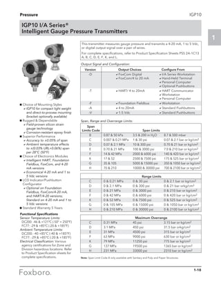 Pressure
1
	 Version 	 Output Choices 	 Configure From
	-D	 aFoxCom Digital	 aI/A Series Workstation
		 aFoxCom/4 to 20 mA	 aHand-Held Terminal
	 	 	 aPersonal Computer
			 aOptional Pushbuttons
	-T	 aHART/ 4 to 20mA	 aHART Communicator
			 aWorkstation
			 aPersonal Computer
	-F	 aFoundation Fieldbus	 aWorkstation
	-A	 a4 to 20mA	 aStandard Pushbuttons
	-V	 a1-5 Vdc	 aStandard Pushbuttons
1-10
IGP10
IGP10 I/A Series®
Intelligent Gauge Pressure Transmitters
This transmitter measures gauge pressure and transmits a 4-20 mA, 1 to 5 Vdc,
or digital output signal over a pair of wires.
For complete specifications, refer to Product Specification Sheets PSS 2A-1C13
A, B, C, D, E, F, K, and L.
Note: Span Limit Code B only available with Sanitary and Pulp and Paper Structures.
g Choice of Mounting Styles
	 aIGP10 for compact light weight
and direct-to-process mounting
(bracket optionally available)
g Rugged  Dependable
	 aField-proven silicon strain
gauge technology
	 aCorrosion-resistant epoxy finish
g Superior Performance
	 aAccuracy to ±0.05% of span
	 aAmbient temperature effects
to ±(0.03% URL+0.06%) span
per 28°C (50°F)
g Choice of Electronics Modules
	 aIntelligent HART, Foundation
Fieldbus, FoxCom, and 4-20
mA versions
	 aEconomical 4-20 mA and 1 to
5 Vdc versions	
g LCD Indicator/Pushbutton
Configurator
	 aOptional on Foundation
Fieldbus, FoxCom/4-20 mA,
and HART/4-20 versions;
Standard on 4-20 mA and 1 to
5 Vdc versions
g Standard Warranty 5 Years
Functional Specifications
Sensor Temperature Limits:
DC200: -46  +121ºC (-50° + 250°F)
FC77: -29  +85°C (-20  +185°F)
Ambient Temperature Limits:
DC200: -40 +85°C (-40  +185°F)
FC77: -29  +85°C (-20  +185°F)
Electrical Classification: Various
agency certifications for Zone and
Division hazardous locations. Refer
to Product Specification sheets for
complete specifications.
Output Signal and Configuration:
	Span		
	 Limits Code		 Span Limits	
	 B	 0.87  50 kPa	 3.5  200 in H2O	 8.7  500 mbar
	 C 	 0.007  0.21 MPa	 1  30 psi 	 0.07  2.1 bar or kg/cm2
	 D 	 0.07  2.1 MPa 	 10  300 psi	 0.70  21 bar or kg/cm2
	 E	 0.70  21 MPa	 100  3000 psi 	 7.0  210 bar or kg/cm2
	 F	 14  42 MPa	 2000  6000 psi 	 140  420 bar or kg/cm2
	 K	 17  52	 2500  7500 psi	 175  525 bar or kg/cm2
	 G	 35  105	 5000  15000 psi	 350  1050 bar or kg/cm2
	 H	 70  210	 10000  30000 psi	 700  2100 bar or kg/cm2
Span, Range and Overrange Limits:
		 Range Limits
	 C	 0  0.21 MPa 	 0  30 psi 	 0  2.1 bar or kg/cm2
	 D 	 0  2.1 MPa 	 0  300 psi 	 0  21 bar orkg/cm2
	 E 	 0  21 MPa 	 0  3000 psi 	 0  210 bar or kg/cm2
	 F	 0  42 MPa	 0  6000 psi 	 0  420 bar or kg/cm2
	 K	 0  52 MPa	 0  7500 psi 	 0  525 bar or kg/cm2
	 G	 0  105 MPa	 0  15000 psi 	 0  1050 bar or kg/cm2
	 H	 0  210 MPa	 0  30000 psi 	 0  2100 bar or kg/cm2
		 Maximum Overrange
	 C	 0.31 MPa 	 45 psi 	 3.15 bar or kg/cm2
	 D	 3.1 MPa 	 450 psi 	 31.5 bar orkg/cm2
	 E	 31 MPa 	 4500 psi	 315 bar or kg/cm2
	 F	 63 MPa	 9000 psi 	 630 bar or kg/cm2
	 K	 79 MPa	 11250 psi 	 775 bar or kg/cm2
	 G	 137 MPa	 19500 psi 	 1365 bar or kg/cm2
	 H	 231 MPa	 33000 psi 	 2310 bar or kg/cm2
 