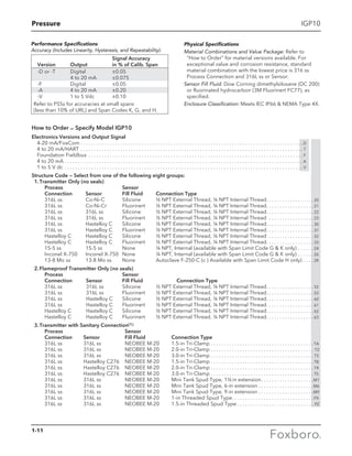 Pressure
1-11
IGP10
How to Order — Specify Model IGP10
Electronics Versions and Output Signal
4-20 mA/FoxCom  . . . . . . . . . . . . . . . . . . . . . . . . . . . . . . . . . . . . . . . . . . . . . . . . . . . . . . . . . . . . . . . . . . . . . . . . . . . . . . . . . . . D
4 to 20 mA/HART . . . . . . . . . . . . . . . . . . . . . . . . . . . . . . . . . . . . . . . . . . . . . . . . . . . . . . . . . . . . . . . . . . . . . . . . . . . . . . . . . . . .  T
Foundation Fieldbus . . . . . . . . . . . . . . . . . . . . . . . . . . . . . . . . . . . . . . . . . . . . . . . . . . . . . . . . . . . . . . . . . . . . . . . . . . . . . . . . .  F
4 to 20 mA . . . . . . . . . . . . . . . . . . . . . . . . . . . . . . . . . . . . . . . . . . . . . . . . . . . . . . . . . . . . . . . . . . . . . . . . . . . . . . . . . . . . . . . . . .  A
1 to 5 V dc . . . . . . . . . . . . . . . . . . . . . . . . . . . . . . . . . . . . . . . . . . . . . . . . . . . . . . . . . . . . . . . . . . . . . . . . . . . . . . . . . . . . . . . . . .  V
Structure Code — Select from one of the following eight groups:
	 1.	Transmitter Only (no seals)
			Process		 Sensor
			 Connection	 Sensor	 Fill Fluid	 Connection Type
				 316L ss	 Co-Ni-C	 Silicone	 ½ NPT External Thread, ¼ NPT Internal Thread. . . . . . . . . . . . . . . . . .  20
			 316L ss	 Co-Ni-Cr Fluorinert	 ½ NPT External Thread, ¼ NPT Internal Thread. . . . . . . . . . . . . . . . . .  21
			 316L ss	 316L ss	 Silicone	 ½ NPT External Thread, ¼ NPT Internal Thread. . . . . . . . . . . . . . . . . .  22
			 316L ss	 316L ss	 Fluorinert	 ½ NPT External Thread, ¼ NPT Internal Thread . . . . . . . . . . . . . . . . .  23
			 316L ss	 Hastelloy C	 Silicone	 ½ NPT External Thread, ¼ NPT Internal Thread. . . . . . . . . . . . . . . . . .  30
			 316L ss	 Hastelloy C	 Fluorinert	 ½ NPT External Thread, ¼ NPT Internal Thread. . . . . . . . . . . . . . . . . .  31
			 Hastelloy C	 Hastelloy C	 Silicone	 ½ NPT External Thread, ¼ NPT Internal Thread . . . . . . . . . . . . . . . . .  32
			 Hastelloy C	 Hastelloy C	 Fluorinert	 ½ NPT External Thread, ¼ NPT Internal Thread. . . . . . . . . . . . . . . . . .  33
			 15-5 ss	 15-5 ss	 None	 ¼ NPT, Internal (available with Span Limit Code G  K only). . . . . .  24
			 Inconel X-750	 Inconel X-750	 None 	 ¼ NPT, Internal (available with Span Limit Code G  K only). . . . . .  26
			 13-8 Mo ss	 13-8 Mo ss	 None	 Autoclave F-250-C (c ) Available with Span Limit Code H only). . . .  28
	 2.	Flameproof Transmitter Only (no seals)
			Process		 Sensor
			 Connection	 Sensor	 Fill Fluid		 Connection Type
	 316L ss	 316L ss	 Silicone	 ½ NPT External Thread, ¼ NPT Internal Thread. . . . . . . . . . . . . . . . . .  52
	 316L ss	 316L ss	 Fluorinert	 ½ NPT External Thread, ¼ NPT Internal Thread. . . . . . . . . . . . . . . . . .  53
	 316L ss	 Hastelloy C	 Silicone	 ½ NPT External Thread, ¼ NPT Internal Thread. . . . . . . . . . . . . . . . . .  60
	 316L ss	 Hastelloy C	 Fluorinert	 ½ NPT External Thread, ¼ NPT Internal Thread. . . . . . . . . . . . . . . . . .  61
	 Hastelloy C	 Hastelloy C	 Silicone	 ½ NPT External Thread, ¼ NPT Internal Thread. . . . . . . . . . . . . . . . . .  62
	 Hastelloy C	 Hastelloy C	 Fluorinert 	 ½ NPT External Thread, ¼ NPT Internal Thread. . . . . . . . . . . . . . . . . .  63
	 3.	Transmitter with Sanitary Connection(1)
			Process		 Sensor
			 Connection	 Sensor	 Fill Fluid	 Connection Type
	 316L ss	 316L ss	 NEOBEE M-20	 1.5-in Tri-Clamp. . . . . . . . . . . . . . . . . . . . . . . . . . . . . . . . . . . . . . .  TA
	 316L ss	 316L ss	 NEOBEE M-20	 2.0-in Tri-Clamp. . . . . . . . . . . . . . . . . . . . . . . . . . . . . . . . . . . . . . .  T2
	 316L ss	 316L ss	 NEOBEE M-20	 3.0-in Tri-Clamp. . . . . . . . . . . . . . . . . . . . . . . . . . . . . . . . . . . . . . .  T3
	 316L ss	 Hastelloy C276	 NEOBEE M-20	 1.5-in Tri-Clamp. . . . . . . . . . . . . . . . . . . . . . . . . . . . . . . . . . . . . . .  TB
	 316L ss	 Hastelloy C276 	 NEOBEE M-20	 2.0-in Tri-Clamp. . . . . . . . . . . . . . . . . . . . . . . . . . . . . . . . . . . . . . .  T4
	 316L ss	 Hastelloy C276	 NEOBEE M-20	 3.0-in Tri-Clamp. . . . . . . . . . . . . . . . . . . . . . . . . . . . . . . . . . . . . . .  T5
	 316L ss	 316L ss	 NEOBEE M-20	 Mini Tank Spud Type, 1½in extension. . . . . . . . . . . . . . . . . . . . M1
	 316L ss	 316L ss	 NEOBEE M-20	 Mini Tank Spud Type, 6-in extension. . . . . . . . . . . . . . . . . . . . . M6
	 316L ss	 316L ss	 NEOBEE M-20	 Mini Tank Spud Type, 9-in extension. . . . . . . . . . . . . . . . . . . . . M9
	 316L ss	 316L ss	 NEOBEE M-20	 1-in Threaded Spud Type. . . . . . . . . . . . . . . . . . . . . . . . . . . . . . .  PX
316L ss	 316L ss	 NEOBEE M-20	 1.5-in Threaded Spud Type. . . . . . . . . . . . . . . . . . . . . . . . . . . . .  PZ
Physical Specifications
Material Combinations and Value Package: Refer to
“How to Order” for material versions available. For
exceptional value and corrosion resistance, standard
material combination with the lowest price is 316 ss
Process Connection and 316L ss or Sensor.
Sensor Fill Fluid: Dow Corning dimethylsiloxane (DC 200)
or fluorinated hydrocarbon (3M Fluorinert FC77), as
specified.
Enclosure Classification: Meets IEC IP66  NEMA Type 4X.
Performance Specifications
Accuracy (Includes Linearity, Hysteresis, and Repeatability):
	 		 Signal Accuracy
	 Version	 Output	 in % of Calib. Span
	 -D or -T 	 Digital 	 ±0.05
		 4 to 20 mA 	 ±0.075
	 -F 	 Digital 	 ±0.05
	 -A 	 4 to 20 mA 	 ±0.20
	 -V 	 1 to 5 Vdc 	 ±0.10
Refer to PSSs for accuracies at small spans
(less than 10% of URL) and Span Codes K, G, and H.
 