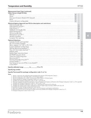 Temperature and Humidity
4
RTT20
Measurement Input Type (continued)
Other (Sensor Length N Only)
Millivolt  . . . . . . . . . . . . . . . . . . . . . . . . . . . . . . . . . . . . . . . . . . . . . . . . . . . . . . . . . . . . . . . . . . . . . . . . . . . . . . . . . M
Ohms . . . . . . . . . . . . . . . . . . . . . . . . . . . . . . . . . . . . . . . . . . . . . . . . . . . . . . . . . . . . . . . . . . . . . . . . . . . . . . . . . . . O
Dew point (Foxboro Model 2781 Dewcell) . . . . . . . . . . . . . . . . . . . . . . . . . . . . . . . . . . . . . . . . . . . . . . . . . . . . . . W
None . . . . . . . . . . . . . . . . . . . . . . . . . . . . . . . . . . . . . . . . . . . . . . . . . . . . . . . . . . . . . . . . . . . . . . . . . . . . . . . . . . . X
Custom (22 point configurable) . . . . . . . . . . . . . . . . . . . . . . . . . . . . . . . . . . . . . . . . . . . . . . . . . . . . . . . . . . . . . . . Z
Electrical Agency Approval (see PSS for description and restrictions)
CSA Intrinsically Safe . . . . . . . . . . . . . . . . . . . . . . . . . . . . . . . . . . . . . . . . . . . . . . . . . . . . . . . . . . . . . . . . . . . . . . . . . . CA
CSA Explosion proof(6,7) . . . . . . . . . . . . . . . . . . . . . . . . . . . . . . . . . . . . . . . . . . . . . . . . . . . . . . . . . . . . . . . . . . . . . . . CD
CSA Division 2 . . . . . . . . . . . . . . . . . . . . . . . . . . . . . . . . . . . . . . . . . . . . . . . . . . . . . . . . . . . . . . . . . . . . . . . . . . . . . . . CN
CENELEC Intrinsically Safe . . . . . . . . . . . . . . . . . . . . . . . . . . . . . . . . . . . . . . . . . . . . . . . . . . . . . . . . . . . . . . . . . . . . .  EA
ATEX Flameproof(13) . . . . . . . . . . . . . . . . . . . . . . . . . . . . . . . . . . . . . . . . . . . . . . . . . . . . . . . . . . . . . . . . . . . . . . . . . .  ED
FM Intrinsically Safe . . . . . . . . . . . . . . . . . . . . . . . . . . . . . . . . . . . . . . . . . . . . . . . . . . . . . . . . . . . . . . . . . . . . . . . . . . .  FA
FM Explosion proof(6,7) . . . . . . . . . . . . . . . . . . . . . . . . . . . . . . . . . . . . . . . . . . . . . . . . . . . . . . . . . . . . . . . . . . . . . . . .  FD
FM Non-incendive . . . . . . . . . . . . . . . . . . . . . . . . . . . . . . . . . . . . . . . . . . . . . . . . . . . . . . . . . . . . . . . . . . . . . . . . . . . .  FN
European Non sparking . . . . . . . . . . . . . . . . . . . . . . . . . . . . . . . . . . . . . . . . . . . . . . . . . . . . . . . . . . . . . . . . . . . . . . . .  KN
Optional Selections
Custody Transfer Lock and Seal  . . . . . . . . . . . . . . . . . . . . . . . . . . . . . . . . . . . . . . . . . . . . . . . . . . . . . . . . . . . . . . . . . . . . . . A1
PG 13.5 Conduit Thread(8)  . . . . . . . . . . . . . . . . . . . . . . . . . . . . . . . . . . . . . . . . . . . . . . . . . . . . . . . . . . . . . . . . . . . . . . . . . . A2
Metric adapter (1/2” NPT to PG 13.5)  . . . . . . . . . . . . . . . . . . . . . . . . . . . . . . . . . . . . . . . . . . . . . . . . . . . . . . . . . . . . . . . . . A3
Custom Database Configuration . . . . . . . . . . . . . . . . . . . . . . . . . . . . . . . . . . . . . . . . . . . . . . . . . . . . . . . . . . . . . . . . . . . . . . C2
DIN Rail Mounting Hardware(10) . . . . . . . . . . . . . . . . . . . . . . . . . . . . . . . . . . . . . . . . . . . . . . . . . . . . . . . . . . . . . . . . . . . . . . D1
Ship with thermowell attached(11) . . . . . . . . . . . . . . . . . . . . . . . . . . . . . . . . . . . . . . . . . . . . . . . . . . . . . . . . . . . . . . . . . . . . . D2
Adapter plate  . . . . . . . . . . . . . . . . . . . . . . . . . . . . . . . . . . . . . . . . . . . . . . . . . . . . . . . . . . . . . . . . . . . . . . . . . . . . . . . . . . . . D3
Delete Paper Instruction Book  . . . . . . . . . . . . . . . . . . . . . . . . . . . . . . . . . . . . . . . . . . . . . . . . . . . . . . . . . . . . . . . . . . . . . . . K1
CD-ROM Instruction Book . . . . . . . . . . . . . . . . . . . . . . . . . . . . . . . . . . . . . . . . . . . . . . . . . . . . . . . . . . . . . . . . . . . . . . . . . . . K2
Three line LCD/Configurator . . . . . . . . . . . . . . . . . . . . . . . . . . . . . . . . . . . . . . . . . . . . . . . . . . . . . . . . . . . . . . . . . . . . . . . . . L3
Mounting Set(12)  . . . . . . . . . . . . . . . . . . . . . . . . . . . . . . . . . . . . . . . . . . . . . . . . . . . . . . . . . . . . . . . . . . . . . . . . . . . . . . . . . . M1
Stainless Steel Mounting Set(12) . . . . . . . . . . . . . . . . . . . . . . . . . . . . . . . . . . . . . . . . . . . . . . . . . . . . . . . . . . . . . . . . . . . . . . M2
Inconel Sheath(12)  . . . . . . . . . . . . . . . . . . . . . . . . . . . . . . . . . . . . . . . . . . . . . . . . . . . . . . . . . . . . . . . . . . . . . . . . . . . . . . . . . S1
Dual Sensor (2 two wire RTDs in one sheath)(5)  . . . . . . . . . . . . . . . . . . . . . . . . . . . . . . . . . . . . . . . . . . . . . . . . . . . . . . . . . . S2
4 wire RTD(5) . . . . . . . . . . . . . . . . . . . . . . . . . . . . . . . . . . . . . . . . . . . . . . . . . . . . . . . . . . . . . . . . . . . . . . . . . . . . . . . . . . . . . S4
Specify calibrated range ________ to ________ (°C or °F)
Specify tag number
Specify Thermowell for package configuration code 1L or 1m
Notes
	 1	Version I cannot be user-configured unless equipped with optional LCD/Configurator Code L3.
	 2	 Remote configuration with PC20, PC50, or the I/A Series System.
	 3	 Remote configuration with a HART Communicator, PC20, PC50, or I/A Series System.
	 4	 Always selected for Package Configuration Code 1B, 1S, and 1T.
	 5	 Available with Package Configuration Code 1Y, 1W, 1L, and 1M only.
	6	Must have integrally mounted thermowell option -D2 on all explosion proof agency certifications when Package Configuration Code 1L or 1M is specified.
	 7	 Available with Package Configuration Codes 1L, 1M,1S, and 1T only.
	 8	 Available with Package Configuration Code 1S or 1T with electrical code EA, ED or KN only.
	 9	 Available with Output Code D when configured for FoxCom digital output and tied to FBM 18, 39, 43 or 44.
	 10	 Available with basic Package Configuration Code 1B only.
	 11	 Must have integrally mounted thermowell option -D2 on all explosion proof agency certifications.
	 12	 Mounting Set for 50 mm (2 inch) pipe or surface mount only available with Package Configuration Code 1S or 1T.
	 13	 Package Configuration Codes 1S and 1T only.
4-8
 