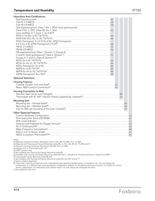 Temperature and Humidity RTT80
Hazardous Area Certifications
Non-hazardous area  . . . . . . . . . . . . . . . . . . . . . . . . . . . . . . . . . . . . . . . . . . . . . . . . . . . . . . . . . . ZZ
CSA IS, I/1/ABCD  . . . . . . . . . . . . . . . . . . . . . . . . . . . . . . . . . . . . . . . . . . . . . . . . . . . . . . . . . . .  .CA
CSA NI I/2/ABCD  . . . . . . . . . . . . . . . . . . . . . . . . . . . . . . . . . . . . . . . . . . . . . . . . . . . . . . . . . . . .CN
CSA Explosionproof, Class I, Div 1, BCD; Dust-ignitionproof,
Class II Div 1, EFG, Class IIII, Div 1. Also  . . . . . . . . . . . . . . . . . . . . . . . . . . . . . . . . . . . . . . . . . . CD
zone certified, Cl I, Zone 1, Ex d IIC(f)
ATEX II 1G EEx ia IIC T4/T5/T6 . . . . . . . . . . . . . . . . . . . . . . . . . . . . . . . . . . . . . . . . . . . . . . . . . . AA
ATEX II3G EEx nA, nL, IIC T4/T5/T6 . . . . . . . . . . . . . . . . . . . . . . . . . . . . . . . . . . . . . . . . . . . . . . AN
ATEX Flameproof, II 1/2 G Ex d IIC, ATEX Flameproof,
II 2 G Ex d IIC ATEX Flameproof, II 2 D(f)  . . . . . . . . . . . . . . . . . . . . . . . . . . . . . . . . . . . . . . . .  .AD
FM IS, I/1/ABCD  . . . . . . . . . . . . . . . . . . . . . . . . . . . . . . . . . . . . . . . . . . . . . . . . . . . . . . . . . . . . . FA
FM NI I/2/ABCD  . . . . . . . . . . . . . . . . . . . . . . . . . . . . . . . . . . . . . . . . . . . . . . . . . . . . . . . . . . . . . FN
FM explosionproof, Class I, Division 1, Groups B,
C and D; Dust-ignitionproof, Class II, Division 1,  . . . . . . . . . . . . . . . . . . . . . . . . . . . . . . . . . . . FD
Groups E, F and G; Class III Division 1(f)
IECEx Ex ia IIC T4/T5/T6 . . . . . . . . . . . . . . . . . . . . . . . . . . . . . . . . . . . . . . . . . . . . . . . . . . . . . . . EA
IECEx Ex nA, nL, IIC T4/T5/T6  . . . . . . . . . . . . . . . . . . . . . . . . . . . . . . . . . . . . . . . . . . . . . . . . . . EN
IECEx Flameproof, Ex d IIC  . . . . . . . . . . . . . . . . . . . . . . . . . . . . . . . . . . . . . . . . . . . . . . . . . . . . ED
NEPSI Ex ia IIC T4-T6(l)  . . . . . . . . . . . . . . . . . . . . . . . . . . . . . . . . . . . . . . . . . . . . . . . . . . . . . . . . NA
NEPSI Ex nA nL IIC T4/T5/T6(l) . . . . . . . . . . . . . . . . . . . . . . . . . . . . . . . . . . . . . . . . . . . . . . . . . . NA
NEPSI Flameproof, Ex d IIC(l)  . . . . . . . . . . . . . . . . . . . . . . . . . . . . . . . . . . . . . . . . . . . . . . . . . . .ND
Optional Selections
Housing Features
Custody Transfer Lock and Seal(f)  . . . . . . . . . . . . . . . . . . . . . . . . . . . . . . . . . . . . . . . . . . . . . . . . . . . A1
Metric M20 Conduit Connection(f)  . . . . . . . . . . . . . . . . . . . . . . . . . . . . . . . . . . . . . . . . . . . . . . . . . . A3
Housing Connection to Well
Stainless Steel Union and Fittings(g) . . . . . . . . . . . . . . . . . . . . . . . . . . . . . . . . . . . . . . . . . . . . . . . . . . . . . S3
Thermowell with ¾” NPT internal Thread, supplied by customer(c) . . . . . . . . . . . . . . . . . . . . . . . . . . . . . D4
Mounting Sets
Mounting Set – Painted Steel(f) . . . . . . . . . . . . . . . . . . . . . . . . . . . . . . . . . . . . . . . . . . . . . . . . . . . . . . . . . . . . . M1
Mounting Set – Stainless Steel(f) . . . . . . . . . . . . . . . . . . . . . . . . . . . . . . . . . . . . . . . . . . . . . . . . . . . . . . . . . . . . M2
Clip for DIN rail mounting of the basic module(h) . . . . . . . . . . . . . . . . . . . . . . . . . . . . . . . . . . . . . . . . . . . . . . . D1
Other Optional Features
Custom Database Configuration . . . . . . . . . . . . . . . . . . . . . . . . . . . . . . . . . . . . . . . . . . . . . . . . . . . . . . . . . . . . . . . C2
Omit Instruction Book (CD-ROM) . . . . . . . . . . . . . . . . . . . . . . . . . . . . . . . . . . . . . . . . . . . . . . . . . . . . . . . . . . . . . .  K1
With Local Indicator  . . . . . . . . . . . . . . . . . . . . . . . . . . . . . . . . . . . . . . . . . . . . . . . . . . . . . . . . . . . . . . . . . . . . . . . .  L1
Cleaned and Prepared for Oxygen Service(i)  . . . . . . . . . . . . . . . . . . . . . . . . . . . . . . . . . . . . . . . . . . . . . . . . . . . . . C5
SIL 2 Certification(e)(l) . . . . . . . . . . . . . . . . . . . . . . . . . . . . . . . . . . . . . . . . . . . . . . . . . . . . . . . . . . . . . . . . . . . . . . . .  S2
Wake Frequency Calculations(c) . . . . . . . . . . . . . . . . . . . . . . . . . . . . . . . . . . . . . . . . . . . . . . . . . . . . . . . . . . . . . . . . WF
Add ½ inch to sensor length . . . . . . . . . . . . . . . . . . . . . . . . . . . . . . . . . . . . . . . . . . . . . . . . . . . . . . . . . . . . . . . . . . H1
NACE Compliant Thermowell(c)(d) . . . . . . . . . . . . . . . . . . . . . . . . . . . . . . . . . . . . . . . . . . . . . . . . . . . . . . . . . . . . . . N1
Notes
(a) Requires Housing and Sensor Mounting Code JJ, KK, NN, PP, WW, YY, LL or MM.
(b) Required with Housing and Sensor Mounting Codes BB, JJ, KK, QQ, RR, SS, TT, WW and YY.
(c) Requires Housing and Sensor Mounting Code NN, PP, LL or MM.
(d) Applies only to Thermowell code “TK”.
(e) HART protocol only.
(f) Not available with Housing and Sensor Mounting Code BB.
(g) Available with Housing and Sensor Mounting codes NN and LL. Standard on Housing and Sensor Codes PP and MM.
(h) Housing and Sensor Mounting Code BB only.
(i) Not available with Housing and Sensor Mounting Codes BB, QQ, RR, SS and TT.
(j) Sensor ordered separately.
(k) Transmitter is factory configured for the measurement type specified whether sensor is included or not. You can change the
configuration to a different type using appropriate configuration software for the selected protocol or specify -C2 Option for custom
factory configuration. On dual sensor input (Sensor Input = 2), both inputs are configured the same.
(l) Not available at this time.
4-13
 
