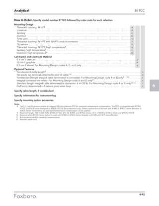 Analytical
6
871CC
How to Order—Specify model number 871CC followed by order code for each selection
Mounting Design
Threaded bushing/ ¾ NPT . . . . . . . . . . . . . . . . . . . . . . . . . . . . . . . . . . . . . . . . . . . . . . . . . . . . . . . . . . . . . . . . . . . . . . . .  A
Universal . . . . . . . . . . . . . . . . . . . . . . . . . . . . . . . . . . . . . . . . . . . . . . . . . . . . . . . . . . . . . . . . . . . . . . . . . . . . . . . . . . . . . . .  B
Sanitary  . . . . . . . . . . . . . . . . . . . . . . . . . . . . . . . . . . . . . . . . . . . . . . . . . . . . . . . . . . . . . . . . . . . . . . . . . . . . . . . . . . . . . . . . C
Insertion . . . . . . . . . . . . . . . . . . . . . . . . . . . . . . . . . . . . . . . . . . . . . . . . . . . . . . . . . . . . . . . . . . . . . . . . . . . . . . . . . . . . . . . . D
Twist Lock . . . . . . . . . . . . . . . . . . . . . . . . . . . . . . . . . . . . . . . . . . . . . . . . . . . . . . . . . . . . . . . . . . . . . . . . . . . . . . . . . . . . . .  E
Threaded bushing/ ¾ NPT with ½ NPT conduit connector . . . . . . . . . . . . . . . . . . . . . . . . . . . . . . . . . . . . . . . . . . . .  F
Dip sensor . . . . . . . . . . . . . . . . . . . . . . . . . . . . . . . . . . . . . . . . . . . . . . . . . . . . . . . . . . . . . . . . . . . . . . . . . . . . . . . . . . . . . . G
Threaded bushing/ ¾ NPT, high temperature8 . . . . . . . . . . . . . . . . . . . . . . . . . . . . . . . . . . . . . . . . . . . . . . . . . . . . . .  K
Sanitary, high temperature8 . . . . . . . . . . . . . . . . . . . . . . . . . . . . . . . . . . . . . . . . . . . . . . . . . . . . . . . . . . . . . . . . . . . . . . .  L
Insertion/ high temperature8 . . . . . . . . . . . . . . . . . . . . . . . . . . . . . . . . . . . . . . . . . . . . . . . . . . . . . . . . . . . . . . . . . . . . . . M
Cell Factor and Electrode Material
0.1 cm-1 titanium . . . . . . . . . . . . . . . . . . . . . . . . . . . . . . . . . . . . . . . . . . . . . . . . . . . . . . . . . . . . . . . . . . . . . . . . . . . . . . . . . . . .  2
10 cm-1 graphite . . . . . . . . . . . . . . . . . . . . . . . . . . . . . . . . . . . . . . . . . . . . . . . . . . . . . . . . . . . . . . . . . . . . . . . . . . . . . . . . . . . .  4
0.1 cm-1 Monel. For Mounting Design codes A, G, or K only . . . . . . . . . . . . . . . . . . . . . . . . . . . . . . . . . . . . . . . . . . . . . .  6
Optional Features
Nonstandard cable length9 . . . . . . . . . . . . . . . . . . . . . . . . . . . . . . . . . . . . . . . . . . . . . . . . . . . . . . . . . . . . . . . . . . . . . . . . . . . . . . . .  3
No spade lug terminals attached to end of cable.10 . . . . . . . . . . . . . . . . . . . . . . . . . . . . . . . . . . . . . . . . . . . . . . . . . . . . . . . . . . .  4
Nonstandard length integral cable terminated in connector. For Mounting Design code A or G only9,11,12 . . . . . . . . . .  5
Integral connector on sensor. For Mounting Design code A and G only11  . . . . . . . . . . . . . . . . . . . . . . . . . . . . . . . . . . . . . . .  6
Standard length integral cable terminated in connector. 6 m (20 ft). For Mounting Design code A or G only11,12 . . . . .  7
Cell factor determined in Foxboro pure water loop . . . . . . . . . . . . . . . . . . . . . . . . . . . . . . . . . . . . . . . . . . . . . . . . . . . . . . . . . . .  9
Specify cable length, if nonstandard
Specify information for instrument tag
Specify mounting option accesories.
Notes
	 8	The K, L, and M sensors contain an integral 100 ohm platinum RTD for automatic temperature compensation. This RTD is compatible with 873RS,
873CC or 875CR Series Analyzers or 876CR, 872-30 Series Monitors only. If these sensors are to be used with 874RS or 874CC Series Monitors or
870CC Series Transmitters, no automatic temperature compensation can be applied.
	 9	 Maximum length: 150 m (500 ft) for 873RS, 873CC, 872-30, 874RS, and 874CC Series; 30 m (100 ft) for 870CC Series and 875CR, 876CR.
	 10	 Required when 871CC Series Sensor is used with 873RS or 873CC Series Analyzer or 874RS or 874CC Series Monitor.
	 11	 Not recommended for resistivity measurements.
	 12	 Requires patch cord.
6-12
 