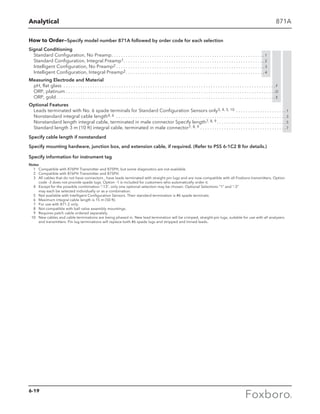Analytical 871A
How to Order—Specify model number 871A followed by order code for each selection
Signal Conditioning
Standard Configuration, No Preamp . . . . . . . . . . . . . . . . . . . . . . . . . . . . . . . . . . . . . . . . . . . . . . . . . . . . . . . . . . . . . . .  1
Standard Configuration, Integral Preamp1 . . . . . . . . . . . . . . . . . . . . . . . . . . . . . . . . . . . . . . . . . . . . . . . . . . . . . . . . . .  2
Intelligent Configuration, No Preamp2  . . . . . . . . . . . . . . . . . . . . . . . . . . . . . . . . . . . . . . . . . . . . . . . . . . . . . . . . . . . . .  3
Intelligent Configuration, Integral Preamp2 . . . . . . . . . . . . . . . . . . . . . . . . . . . . . . . . . . . . . . . . . . . . . . . . . . . . . . . . .  4
Measuring Electrode and Material
pH, flat glass . . . . . . . . . . . . . . . . . . . . . . . . . . . . . . . . . . . . . . . . . . . . . . . . . . . . . . . . . . . . . . . . . . . . . . . . . . . . . . . . . . . . . . . .  F
ORP, platinum . . . . . . . . . . . . . . . . . . . . . . . . . . . . . . . . . . . . . . . . . . . . . . . . . . . . . . . . . . . . . . . . . . . . . . . . . . . . . . . . . . . . . . . D
ORP, gold . . . . . . . . . . . . . . . . . . . . . . . . . . . . . . . . . . . . . . . . . . . . . . . . . . . . . . . . . . . . . . . . . . . . . . . . . . . . . . . . . . . . . . . . . .  E
Optional Features
Leads terminated with No. 6 spade terminals for Standard Configuration Sensors only3, 4, 5, 10 . . . . . . . . . . . . . . . . . . . . .  1
Nonstandard integral cable length4, 6 . . . . . . . . . . . . . . . . . . . . . . . . . . . . . . . . . . . . . . . . . . . . . . . . . . . . . . . . . . . . . . . . . . . . . . .  3
Nonstandard length integral cable, terminated in male connector Specify length7, 8, 9  . . . . . . . . . . . . . . . . . . . . . . . . . . . .  5
Standard length 3 m (10 ft) integral cable, terminated in male connector7, 8, 9 . . . . . . . . . . . . . . . . . . . . . . . . . . . . . . . . . . . .  7
Specify cable length if nonstandard
Specify mounting hardware, junction box, and extension cable, if required. (Refer to PSS 6-1C2 B for details.)
Specify information for instrument tag
Notes
	 1	 Compatible with 876PH Transmitter and 875PH, but some diagnostics are not available.
	 2	 Compatible with 876PH Transmitter and 875PH.
	 3	 All cables that do not have connectors , have leads terminated with straight pin lugs and are now compatible with all Foxboro transmitters. Option 	
		 code -3 does not provide spade lugs. Option -1 is included for customers who automatically order it.
	 4	Except for the possible combination “-13”, only one optional selection may be chosen. Optional Selections “1” and “-3”
may each be selected individually or as a combination.
	 5	 Not available with Intelligent Configuration Sensors. Their standard termination is #6 spade terminals.
	 6	 Maximum integral cable length is 15 m (50 ft).
	 7	 For use with 871-2 only.
	 8	 Not compatible with ball valve assembly mountings.
	 9	 Requires patch cable ordered separately.
	 10	New cables and cable terminations are being phased in. New lead termination will be crimped, straight-pin lugs, suitable for use with all analyzers
and transmitters. Pin-lug terminations will replace both #6 spade lugs and stripped and tinned leads.
6-19
 