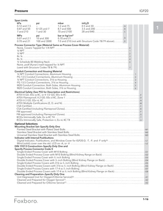 Pressure
1
1-16
IGP20
Span Limits
	kPa	 psi	 mbar	 inH2O
	 0.12 and 7.5	 —	 1.2 and 75	 0.5 and 30 . . . . . . . . . . . . . . . . . . . . . . . . . A
	 0.87 and 50	 0.125 and 7	 8.7 and 500	 3.5 and 200. . . . . . . . . . . . . . . . . . . . . . . . B
	 7 and 210	 1 and 30	 70 and 2100	 28 and 840. . . . . . . . . . . . . . . . . . . . . . . . . C
	 MPa	 psi	 bar or kg/cm2
	 0.07 and 2.1	 10 and 300	 0.70 and 21. . . . . . . . . . . . . . . . . . . . . . . . . . . . . . . . . . . . . . . . . . . . D
	 0.70 and 21	 100 and 3000	 7.0 and 210 (not with Structure Code 78/79 above). . . . . . . . . E
Process Connector Type (Material Same as Process Cover Material)
None, Covers Tapped for 1/4 NPT . . . . . . . . . . . . . . . . . . . . . . . . . . . . . . . . . . . . . . . . . . . . . . . . . . . . . . . . . . . . . 0
¼ NPT . . . . . . . . . . . . . . . . . . . . . . . . . . . . . . . . . . . . . . . . . . . . . . . . . . . . . . . . . . . . . . . . . . . . . . . . . . . . . . . . . . . . . . 1
½ NPT . . . . . . . . . . . . . . . . . . . . . . . . . . . . . . . . . . . . . . . . . . . . . . . . . . . . . . . . . . . . . . . . . . . . . . . . . . . . . . . . . . . . . . 2
Rc ¼ . . . . . . . . . . . . . . . . . . . . . . . . . . . . . . . . . . . . . . . . . . . . . . . . . . . . . . . . . . . . . . . . . . . . . . . . . . . . . . . . . . . . . . . 3
Rc ½ . . . . . . . . . . . . . . . . . . . . . . . . . . . . . . . . . . . . . . . . . . . . . . . . . . . . . . . . . . . . . . . . . . . . . . . . . . . . . . . . . . . . . . . 4
½ Schedule 80 Welding Neck . . . . . . . . . . . . . . . . . . . . . . . . . . . . . . . . . . . . . . . . . . . . . . . . . . . . . . . . . . . . . . . . . 6
None, pvdf (Kynar) insert tapped for ½ NPT
(used with Structure Codes 78  79) . . . . . . . . . . . . . . . . . . . . . . . . . . . . . . . . . . . . . . . . . . . . . . . . . . . . . . . . . . . 7
Conduit Connection and Housing Material
½ NPT Conduit Connections, Aluminum Housing . . . . . . . . . . . . . . . . . . . . . . . . . . . . . . . . . . . . . . . . . . . . . . . . . . . . 1
PG 13.5 Conduit Connections, Aluminum Housing . . . . . . . . . . . . . . . . . . . . . . . . . . . . . . . . . . . . . . . . . . . . . . . . . . 2
½ NPT Conduit Connections, 316 ss Housing . . . . . . . . . . . . . . . . . . . . . . . . . . . . . . . . . . . . . . . . . . . . . . . . . . . . . . . 3
PG 13.5 Conduit Connections, 316 ss Housing . . . . . . . . . . . . . . . . . . . . . . . . . . . . . . . . . . . . . . . . . . . . . . . . . . . . . . 4
M20 Conduit Connection, Both Sides, Aluminum Housing . . . . . . . . . . . . . . . . . . . . . . . . . . . . . . . . . . . . . . . . . . . . . 5
M20 Conduit Connection, Both Sides, 316 ss Housing  . . . . . . . . . . . . . . . . . . . . . . . . . . . . . . . . . . . . . . . . . . . . . . . . 6
Electrical Safety (See PSS for Description and Restrictions)
	 ATEX II GD, EEx ia IIC, or II 1/2 GD, EEx ib IIC . . . . . . . . . . . . . . . . . . . . . . . . . . . . . . . . . . . . . . . . . . . . . . . . . . . . . . . . . . . .  E
	 ATEX Flameproof; II 2 GD, EEx d IIC, Zone 1. . . . . . . . . . . . . . . . . . . . . . . . . . . . . . . . . . . . . . . . . . . . . . . . . . . . . . . . . . . . . D
	 ATEX II 3 GD, EEx nL IIC. . . . . . . . . . . . . . . . . . . . . . . . . . . . . . . . . . . . . . . . . . . . . . . . . . . . . . . . . . . . . . . . . . . . . . . . . . . . . . . N
	 ATEX Multiple Certifications (E, D, and N). . . . . . . . . . . . . . . . . . . . . . . . . . . . . . . . . . . . . . . . . . . . . . . . . . . . . . . . . . . . . . . . M
	 CSA Certified. . . . . . . . . . . . . . . . . . . . . . . . . . . . . . . . . . . . . . . . . . . . . . . . . . . . . . . . . . . . . . . . . . . . . . . . . . . . . . . . . . . . . . . . . C
	 CSA Certified (including Flameproof Zones). . . . . . . . . . . . . . . . . . . . . . . . . . . . . . . . . . . . . . . . . . . . . . . . . . . . . . . . . . . . . . B
	 FM approved. . . . . . . . . . . . . . . . . . . . . . . . . . . . . . . . . . . . . . . . . . . . . . . . . . . . . . . . . . . . . . . . . . . . . . . . . . . . . . . . . . . . . . . . .  F
	 FM approved (including Flameproof Zones). . . . . . . . . . . . . . . . . . . . . . . . . . . . . . . . . . . . . . . . . . . . . . . . . . . . . . . . . . . . . . G
	 IECEx Intrinsically Safe, Ex ia IIC T4. . . . . . . . . . . . . . . . . . . . . . . . . . . . . . . . . . . . . . . . . . . . . . . . . . . . . . . . . . . . . . . . . . . . . .  T
	 IECEx Intrinsically Safe, Protection n; Ex nL IIC T4. . . . . . . . . . . . . . . . . . . . . . . . . . . . . . . . . . . . . . . . . . . . . . . . . . . . . . . . . U
Optional Selections
Mounting Bracket Set—Specify Only One
Painted Steel Bracket with Plated Steel Bolts. . . . . . . . . . . . . . . . . . . . . . . . . . . . . . . . . . . . . . . . . . . . . . . . . . . . . . . . . . . . . . . . . -M1
Stainless Steel Bracket with Stainless Steel Bolts. . . . . . . . . . . . . . . . . . . . . . . . . . . . . . . . . . . . . . . . . . . . . . . . . . . . . . . . . . . . . . -M2
Universal Stainless Steel Bracket with Stainless Steel Bolts. . . . . . . . . . . . . . . . . . . . . . . . . . . . . . . . . . . . . . . . . . . . . . . . . . . . . -M3
Indicator with Internal Pushbuttons
Digital Indicator, Pushbuttons, and Window Cover for IGP20-D, -T, -P, and -F only(5) . . . . . . . . . . . . . . . . . . . . . . . . . . . . . . -L1
Blind (solid) cover over the std. LCD on -A, or -V . . . . . . . . . . . . . . . . . . . . . . . . . . . . . . . . . . . . . . . . . . . . . . . . . . . . . . . . . . . . . -L2
DIN 19213 Construction—Specify Only One and
Specify Process Connector Code 0
Single Ended Process Cover with M10 Bolting . . . . . . . . . . . . . . . . . . . . . . . . . . . . . . . . . . . . . . . . . . . . . . . . . . . . . . . . . . . . . . . -D1
Double Ended Process Cover with M10 Bolting (Blind Kidney Range on Back). . . . . . . . . . . . . . . . . . . . . . . . . . . . . . . . . . . -D2
Single Ended Process Cover with 7
⁄16 inch Bolting . . . . . . . . . . . . . . . . . . . . . . . . . . . . . . . . . . . . . . . . . . . . . . . . . . . . . . . . . . . . . -D3
Double Ended Process Cover with 7
⁄16 inch Bolting (Blind Kidney Flange on Back). . . . . . . . . . . . . . . . . . . . . . . . . . . . . . . . . -D4
Single Ended Process Covers with 316 ss 7
⁄16 inch Bolting . . . . . . . . . . . . . . . . . . . . . . . . . . . . . . . . . . . . . . . . . . . . . . . . . . . . . . -D5
Double Ended Process Covers with 316 ss 7
⁄16 inch Bolting (Blind Kidney Flange on Back). . . . . . . . . . . . . . . . . . . . . . . . . . -D6
Single Ended Process Covers with 17-4 ss 7
⁄16 inch Bolting. . . . . . . . . . . . . . . . . . . . . . . . . . . . . . . . . . . . . . . . . . . . . . . . . . . . . . -D7
Double Ended Process Covers with 17-4 ss 7
⁄16 inch Bolting (Blind Kidney Flange on Back). . . . . . . . . . . . . . . . . . . . . . . . . -D8
Cleaning and Preparation—Specify Only One
Unit Degreased (not for Oxygen/Chlorine Service)(6). . . . . . . . . . . . . . . . . . . . . . . . . . . . . . . . . . . . . . . . . . . . . . . . . . . . . . . . . . -X1
Cleaned and Prepared for Oxygen Service(7). . . . . . . . . . . . . . . . . . . . . . . . . . . . . . . . . . . . . . . . . . . . . . . . . . . . . . . . . . . . . . . . . -X2
Cleaned and Prepared for Chlorine Service(7) . . . . . . . . . . . . . . . . . . . . . . . . . . . . . . . . . . . . . . . . . . . . . . . . . . . . . . . . . . . . . . . . -X3
 
