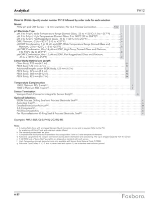 Analytical
How to Order—Specify model number PH12 followed by order code for each selection
Model
PH12 pH and ORP Sensor - 12 mm Diameter, PG 13.5 Process Connection. . . . . . . . . . . . . . . PH12
pH Electrode Type
pH, 0 to 14 pH, Wide Temperature Range Domed Glass, -25 to +125°C (-13 to +257°F) . . . . . . . . . 1
pH, 0 to 14 pH, High-Temperature Domed Glass, 0 to 140°C (32 to 284°F)(f). . . . . . . . . . . . . . . . . . . . 2
pH, 0 to 12 pH, Flat Ruggedized Glass, -15 to +125°C (5 to 257°F) . . . . . . . . . . . . . . . . . . . . . . . . . . . . 3
ORP, Platinum, -25 to +125°C (-13 to +257°F). . . . . . . . . . . . . . . . . . . . . . . . . . . . . . . . . . . . . . . . . . . . . . . 4
pH/ORP Combination, 0 to 14 pH and ORP, Wide Temperature Range Domed Glass and
	 Platinum, -25 to +125°C (-13 to +257°F). . . . . . . . . . . . . . . . . . . . . . . . . . . . . . . . . . . . . . . . . . . . . . . . . . . A
pH/ORP Combination, 0 to 14 pH and ORP, High-Temp Domed Glass and Platinum,
	 0 to 140°C (32 to 284°F)(f). . . . . . . . . . . . . . . . . . . . . . . . . . . . . . . . . . . . . . . . . . . . . . . . . . . . . . . . . . . . . . . B
pH/ORP Combination, 0 to 12 pH and ORP, Flat Ruggedized Glass and Platinum,
	 -15 to +125°C (5 to 257°F). . . . . . . . . . . . . . . . . . . . . . . . . . . . . . . . . . . . . . . . . . . . . . . . . . . . . . . . . . . . . . C
Sensor Body Material and Length
Glass Body, 120 mm (4.7 in)  . . . . . . . . . . . . . . . . . . . . . . . . . . . . . . . . . . . . . . . . . . . . . . . . . . . . . . . . . . . . . . . . . . G1
PEEK Body 120 mm (4.7 in) . . . . . . . . . . . . . . . . . . . . . . . . . . . . . . . . . . . . . . . . . . . . . . . . . . . . . . . . . . . . . . . . . . . P1
Additional lengths under PEEK Body, 120 mm (4.7in)
PEEK Body, 225 mm (8.9 in)  . . . . . . . . . . . . . . . . . . . . . . . . . . . . . . . . . . . . . . . . . . . . . . . . . . . . . . . . . . . . . . . . . . P2
PEEK Body, 360 mm (14.2 in)  . . . . . . . . . . . . . . . . . . . . . . . . . . . . . . . . . . . . . . . . . . . . . . . . . . . . . . . . . . . . . . . . . P3
PEEK Body, 425 mm (16.7 in)  . . . . . . . . . . . . . . . . . . . . . . . . . . . . . . . . . . . . . . . . . . . . . . . . . . . . . . . . . . . . . . . . . P4
Temperature Compensation
100 Ω Platinum RID, 3-wire(c) . . . . . . . . . . . . . . . . . . . . . . . . . . . . . . . . . . . . . . . . . . . . . . . . . . . . . . . . . . . . . . . . . . . . . . . 1
1000 Ω Platinum RID, 3-wire(c) . . . . . . . . . . . . . . . . . . . . . . . . . . . . . . . . . . . . . . . . . . . . . . . . . . . . . . . . . . . . . . . . . . . . . . 2
Sensor Termination
Variopin Quick Connector integral to Sensor Body(a) . . . . . . . . . . . . . . . . . . . . . . . . . . . . . . . . . . . . . . . . . . . . . . . . . . . . . . Q
Optional Selections
EPDM Process O-Ring Seal and Process Electrode Seal(b) . . . . . . . . . . . . . . . . . . . . . . . . . . . . . . . . . . . . . . . . . . . . . . . . . . . . . .  E
Autoclave Cap(d)  . . . . . . . . . . . . . . . . . . . . . . . . . . . . . . . . . . . . . . . . . . . . . . . . . . . . . . . . . . . . . . . . . . . . . . . . . . . . . . . . . . . . . . . . .  A
Detailed Instruction Manual(e) . . . . . . . . . . . . . . . . . . . . . . . . . . . . . . . . . . . . . . . . . . . . . . . . . . . . . . . . . . . . . . . . . . . . . . . . . . . . . . M
3-A Compliant(g)  . . . . . . . . . . . . . . . . . . . . . . . . . . . . . . . . . . . . . . . . . . . . . . . . . . . . . . . . . . . . . . . . . . . . . . . . . . . . . . . . . . . . . . . . .  S
PSS BiocompatibIlity . . . . . . . . . . . . . . . . . . . . . . . . . . . . . . . . . . . . . . . . . . . . . . . . . . . . . . . . . . . . . . . . . . . . . . . . . . . . . . . . . . . . . .  B
Per Fluoroelastomer O-Ring Seal  Process Electrode, Seal(b) . . . . . . . . . . . . . . . . . . . . . . . . . . . . . . . . . . . . . . . . . . . . . . . . . .  P
Examples: PH12–3G12Q–E; PH12-2G21Q-MS
Notes
	 a	 A mating Patch Cord with an integral Variopin Quick Connector on one end is required. Refer to the PSS
		 for a selection of Patch Cords and extension cables offered
	 b	The standard process seals are Viton.
	 c	Compatible with Analyzers and Transmitters that accept either 2-wire or 3-wire temperature elements.
	 d	Autoclave cap protects the variopin connections during steam sterilization and autoclaving. The cap is shipped separate from the sensor.
	 e	 A CD-ROM and a “Quick-Start” pamphlet are shipped as standard with each sensor.
	 f	High-Temperature domed glass electrode only available with Sensor Body Material Code P (PEEK)
	 g	 Electrode Type Codes -1, -2, -3, and -4, when used with option -S, use a stainless steel solution ground
PH12
6-27
 