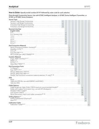 Analytical 871FT
How to Order—Specify model number 871FT followed by order code for each selection
Flow-through Conductivity Sensor: Use with 875EC Intelligent Analyzer, or 876EC Series Intelligent Transmitter, or
873EC or 873AEC Series Analyzers
Sensor Type
Sanitary, High Range Conductivity . . . . . . . . . . . . . . . . . . . . . . . . . . . . . . . . . . . . . . . -1
Sanitary, Low Range Conductivity . . . . . . . . . . . . . . . . . . . . . . . . . . . . . . . . . . . . . . . . -2
Industrial, High Range Conductivity . . . . . . . . . . . . . . . . . . . . . . . . . . . . . . . . . . . . . . -3
Industrial, Low Range Conductivity  . . . . . . . . . . . . . . . . . . . . . . . . . . . . . . . . . . . . . . -4
Nominal Line Size
English (USA) 	
½ in  . . . . . . . . . . . . . . . . . . . . . . . . . . . . . . . . . . . . . . . . . . . . . . . . . . . . . . . . . . . . . . . . . . . . . C
¾ in Sanitary only . . . . . . . . . . . . . . . . . . . . . . . . . . . . . . . . . . . . . . . . . . . . . . . . . . . . . . . . . . D
1.0 in  . . . . . . . . . . . . . . . . . . . . . . . . . . . . . . . . . . . . . . . . . . . . . . . . . . . . . . . . . . . . . . . . . . . .  E
1.5 in . . . . . . . . . . . . . . . . . . . . . . . . . . . . . . . . . . . . . . . . . . . . . . . . . . . . . . . . . . . . . . . . . . . . .  F
2.0 in  . . . . . . . . . . . . . . . . . . . . . . . . . . . . . . . . . . . . . . . . . . . . . . . . . . . . . . . . . . . . . . . . . . . . G
3.0 in15 . . . . . . . . . . . . . . . . . . . . . . . . . . . . . . . . . . . . . . . . . . . . . . . . . . . . . . . . . . . . . . . . . . . H
4.0 in15 . . . . . . . . . . . . . . . . . . . . . . . . . . . . . . . . . . . . . . . . . . . . . . . . . . . . . . . . . . . . . . . . . . .  J
End Connection Material
None (One-piece Insulator—Sanitary)24 . . . . . . . . . . . . . . . . . . . . . . . . . . . . . . . . . . . . . . . . . . . . -1
Hastelloy C-276 14 . . . . . . . . . . . . . . . . . . . . . . . . . . . . . . . . . . . . . . . . . . . . . . . . . . . . . . . . . . . . . . -2
316 ss14 . . . . . . . . . . . . . . . . . . . . . . . . . . . . . . . . . . . . . . . . . . . . . . . . . . . . . . . . . . . . . . . . . . . . . . . -3
Carp 20—CB3 14,16 . . . . . . . . . . . . . . . . . . . . . . . . . . . . . . . . . . . . . . . . . . . . . . . . . . . . . . . . . . . . . . -4
90 Cu/10 Ni (per UNS C70600)14,30 . . . . . . . . . . . . . . . . . . . . . . . . . . . . . . . . . . . . . . . . . . . . . . . -9
Insulator Material
Virgin ‘PEEK’ (Sanitary)13,17  . . . . . . . . . . . . . . . . . . . . . . . . . . . . . . . . . . . . . . . . . . . . . . . . . . . . . . . . . . A
PVDF14,18 . . . . . . . . . . . . . . . . . . . . . . . . . . . . . . . . . . . . . . . . . . . . . . . . . . . . . . . . . . . . . . . . . . . . . . . . . .  B
PCTFE18,19 . . . . . . . . . . . . . . . . . . . . . . . . . . . . . . . . . . . . . . . . . . . . . . . . . . . . . . . . . . . . . . . . . . . . . . . . . C
Glass-filled ‘PEEK’6,14  . . . . . . . . . . . . . . . . . . . . . . . . . . . . . . . . . . . . . . . . . . . . . . . . . . . . . . . . . . . . . . . D
End Connection Form
Tri-Clamp24 . . . . . . . . . . . . . . . . . . . . . . . . . . . . . . . . . . . . . . . . . . . . . . . . . . . . . . . . . . . . . . . . . . . . . . . . . . . .  -1
Pipe, NTP12,14,15 . . . . . . . . . . . . . . . . . . . . . . . . . . . . . . . . . . . . . . . . . . . . . . . . . . . . . . . . . . . . . . . . . . . . . . . .  -2
Flange, ANSI Class 15014,20 . . . . . . . . . . . . . . . . . . . . . . . . . . . . . . . . . . . . . . . . . . . . . . . . . . . . . . . . . . . . . .  -3
Flange, ANSI Class 30014,23 . . . . . . . . . . . . . . . . . . . . . . . . . . . . . . . . . . . . . . . . . . . . . . . . . . . . . . . . . . . . . .  -4
Flange, Flat Face [end connection material selection ‘9’ only]14, 30 . . . . . . . . . . . . . . . . . . . . . . . . . . . .  -7
RTD
None . . . . . . . . . . . . . . . . . . . . . . . . . . . . . . . . . . . . . . . . . . . . . . . . . . . . . . . . . . . . . . . . . . . . . . . . . . . . . . . . . . . . . . . C
1000 ohm RTD (for use with 870ITEC and 875EC) . . . . . . . . . . . . . . . . . . . . . . . . . . . . . . . . . . . . . . . . . . . . . . . R
100 ohm RTD . . . . . . . . . . . . . . . . . . . . . . . . . . . . . . . . . . . . . . . . . . . . . . . . . . . . . . . . . . . . . . . . . . . . . . . . . . . . . . . T
Cable Options
Cable length per Sales Order (100 ft maximum recommended length)31 . . . . . . . . . . . . . . . . . . . . . . . . . . . . . . . -3
Cable with Lugless Termination (e.g. use with 873 Analyzers) . . . . . . . . . . . . . . . . . . . . . . . . . . . . . . . . . . . . . . . . . -4
Shielded Teflon Cable26 . . . . . . . . . . . . . . . . . . . . . . . . . . . . . . . . . . . . . . . . . . . . . . . . . . . . . . . . . . . . . . . . . . . . . . . . . . -9
Low Smoke Cable30  . . . . . . . . . . . . . . . . . . . . . . . . . . . . . . . . . . . . . . . . . . . . . . . . . . . . . . . . . . . . . . . . . . . . . . . . . . . . . -N
Quick Disconnect, Patch cord cable connection29, 30 . . . . . . . . . . . . . . . . . . . . . . . . . . . . . . . . . . . . . . . . . . . . . . . . . -Q
O-Ring Options14
Perfluoroelastomer (Chemraz)21 . . . . . . . . . . . . . . . . . . . . . . . . . . . . . . . . . . . . . . . . . . . . . . . . . . . . . . . . . . . . . . . . . . . . . . . -P
Viton18,21 . . . . . . . . . . . . . . . . . . . . . . . . . . . . . . . . . . . . . . . . . . . . . . . . . . . . . . . . . . . . . . . . . . . . . . . . . . . . . . . . . . . . . . . . . . . -V
Calibration Cable
Calibration Cable22,27 . . . . . . . . . . . . . . . . . . . . . . . . . . . . . . . . . . . . . . . . . . . . . . . . . . . . . . . . . . . . . . . . . . . . . . . . . . . . . . . . . . . . . C-
6-37
 