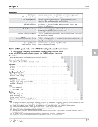 Analytical
6
FT10
How to Order—Specify model number FT10 followed by order code for each selection
FT10 – Noninvasive, nonmetallic, Electrodeless Flow-through conductivity sensor
for use with 875EC series Intelligent analyzer and 876EC Intelligent Transmitter
Description
FT10 = Noninvasive, nonmetallic Flow-through sensors . . . . . . . . . . . . . . . . . . . FT10
Electrodeless Conductivity
All Teflon Multi-toroid Flow Through Sensor . . . . . . . . . . . . . . . . . . . . . . . . . . . . . . . . . . MT
Line Sizes
½ inch . . . . . . . . . . . . . . . . . . . . . . . . . . . . . . . . . . . . . . . . . . . . . . . . . . . . . . . . . . . . . . . . . . . . . . . . . 8
¾ inch . . . . . . . . . . . . . . . . . . . . . . . . . . . . . . . . . . . . . . . . . . . . . . . . . . . . . . . . . . . . . . . . . . . . . . . . . 12
1 inch . . . . . . . . . . . . . . . . . . . . . . . . . . . . . . . . . . . . . . . . . . . . . . . . . . . . . . . . . . . . . . . . . . . . . . . . . 16
End Connection Form(a,b)
Flare Tube Fitting . . . . . . . . . . . . . . . . . . . . . . . . . . . . . . . . . . . . . . . . . . . . . . . . . . . . . . . . . . . . . . . . . . .  F
Nippon Tube Fitting . . . . . . . . . . . . . . . . . . . . . . . . . . . . . . . . . . . . . . . . . . . . . . . . . . . . . . . . . . . . . . . . N
Termination
Integral Sensor Cable(c)
 . . . . . . . . . . . . . . . . . . . . . . . . . . . . . . . . . . . . . . . . . . . . . . . . . . . . . . . . . . . . . . . . . . . 1
Integral High Temp Sensor Cable(c)
 . . . . . . . . . . . . . . . . . . . . . . . . . . . . . . . . . . . . . . . . . . . . . . . . . . . . . . . . 2
Integral Connector(d)
 . . . . . . . . . . . . . . . . . . . . . . . . . . . . . . . . . . . . . . . . . . . . . . . . . . . . . . . . . . . . . . . . . . . . . 6
RTD
3 - Wire 100Ohm1
 . . . . . . . . . . . . . . . . . . . . . . . . . . . . . . . . . . . . . . . . . . . . . . . . . . . . . . . . . . . . . . . . . . . . . . . . . . . T
3 - Wire 1000 Ohm1
 . . . . . . . . . . . . . . . . . . . . . . . . . . . . . . . . . . . . . . . . . . . . . . . . . . . . . . . . . . . . . . . . . . . . . . . . . . R
Options
Wall Mounting Kit(e)
 . . . . . . . . . . . . . . . . . . . . . . . . . . . . . . . . . . . . . . . . . . . . . . . . . . . . . . . . . . . . . . . . . . . . . . . . . . . . . .  1
Pipe Mounting Kit(H)
 . . . . . . . . . . . . . . . . . . . . . . . . . . . . . . . . . . . . . . . . . . . . . . . . . . . . . . . . . . . . . . . . . . . . . . . . . . . . . .  2
Cable Length per S/O(f)
 . . . . . . . . . . . . . . . . . . . . . . . . . . . . . . . . . . . . . . . . . . . . . . . . . . . . . . . . . . . . . . . . . . . . . . . . . . .  3
Specific sensor Geometric Cell Factor(g)
 . . . . . . . . . . . . . . . . . . . . . . . . . . . . . . . . . . . . . . . . . . . . . . . . . . . . . . . . . . . . .  4
Notes
	 (a)	This selection provides the corresponding connection size for the line size selected. For example, selecting Line Size Code 8 (½ line sizes)
and End Connection Form N (Nippon Super Pillar 300) results in a ½ inch Nippon Super Pillar 300 Connector.
	 (b)	A bare Teflon PFA tube can be provided for use with the Flare Tube or Nippon Fittings as an accessory. Contact Foxboro.
	 (c)	 Standard length integral cable is 10 foot (3m). Specify option –3 for non-standard cable lengths.
	 (d)	 Matching patch cord required with integral connector selection. See accessories.
	 (e)	 Selecting this option provides the standard mounting kit.
	 (f)	Cable lengths up to 100 foot (30m) may be selected when termination selection 1 or 2 is selected. Not applicable Termination selection 6
(integral connector).
	 (g)	The specific Sensor Geometric Cell factor is determined experimentally at Foxboro. Contact Foxboro.
	 (h)	 Selecting this option provides the standard mounting kit with two-inch pipe mounting hardware.
Non-Invasive
Flow-through Design
Isolates measurement and calibration eliminating exposure of
personnel to high purity and/or aggressive chemicals.
All PFA Wetted Material Ideal for high purity applications e.g. encountered in semi-
conductor and specialty chemical applications.
All Welded Seams No reliance on 0-ring or gasket seals or threads, helium leak
checked for validation.
Multi-Turoid Design Foxboro patent design provides conductivity measurements from
double digit to 2,000,000 microsiemen/cm
Unique Calibration Feature Foxboro patent design provides a high precision in-line calibration
with a shirt pocket tool.
Unique RTD Placement Design Foxboro patent provides an accurate temperature measurement in
a design integral to the sensor.
Low Liquid Volume
Flow-through Design
Minimal volume of process liquid required
for accurate measurement.
Advantages
6-40
 